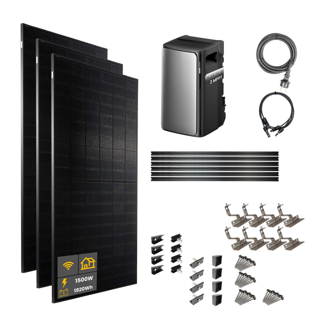 1500 W EcoFlow STREAM Pro Balcony Power Plant | Set with roof mounting brackets for tiled roofs, 3 x 500 W DAH bifacial solar modules and 1.92 kWh storage