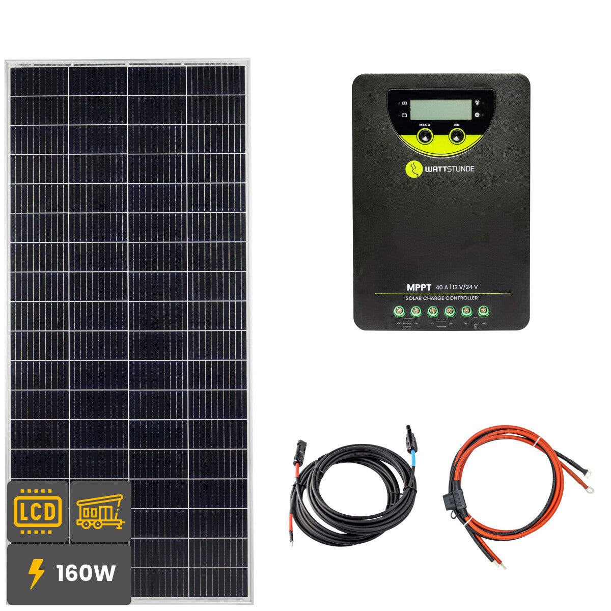160W Solar Inselanlage Bausatz WATTSTUNDE® 40A 90V MPPT Solar Laderegler WLR-BT 40.90 MPPT