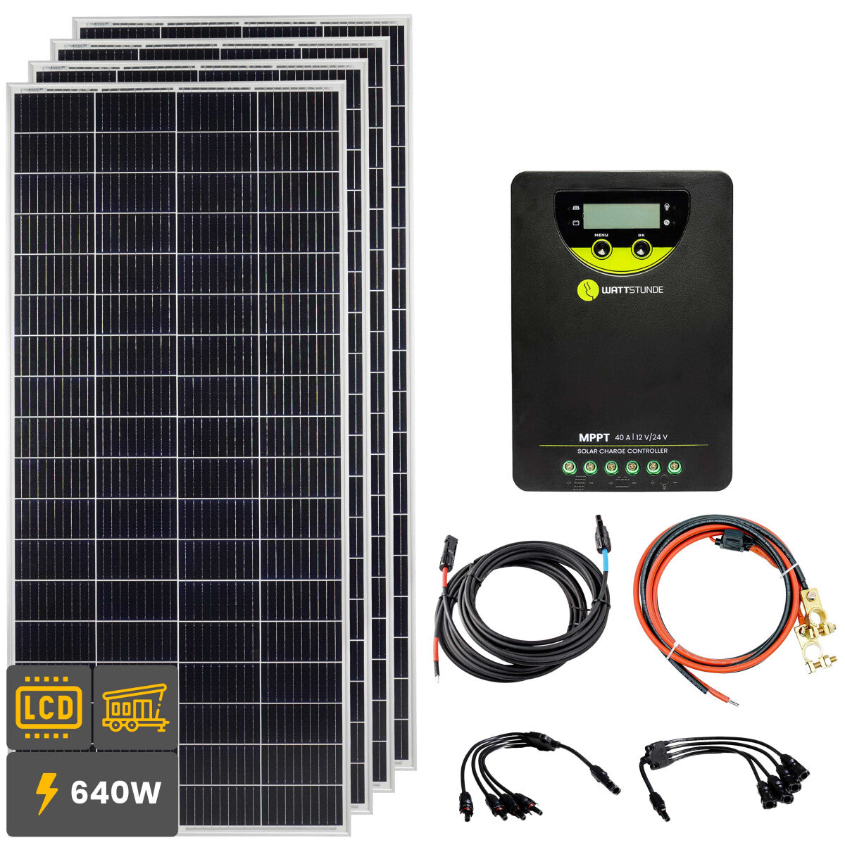 640W Solar Inselanlage Bausatz (4x160 W) WATTSTUNDE® 40A 90V MPPT Solar Laderegler WLR40.90 MPPT