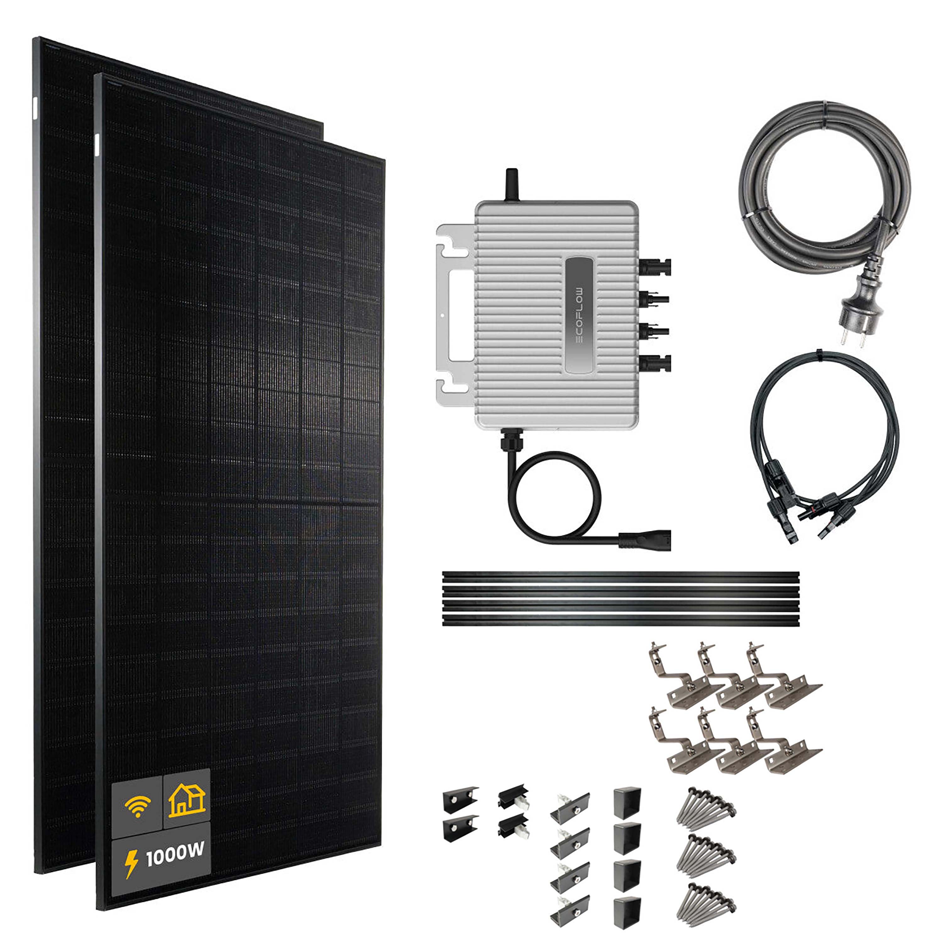 1000 W Balkonkraftwerk | Set mit EcoFlow STREAM 800 W Mikrowechselrichter und 2x 500 W DAH Solarmodul mit Hausdachhalterungen für Ziegeldächer ohne Speicher