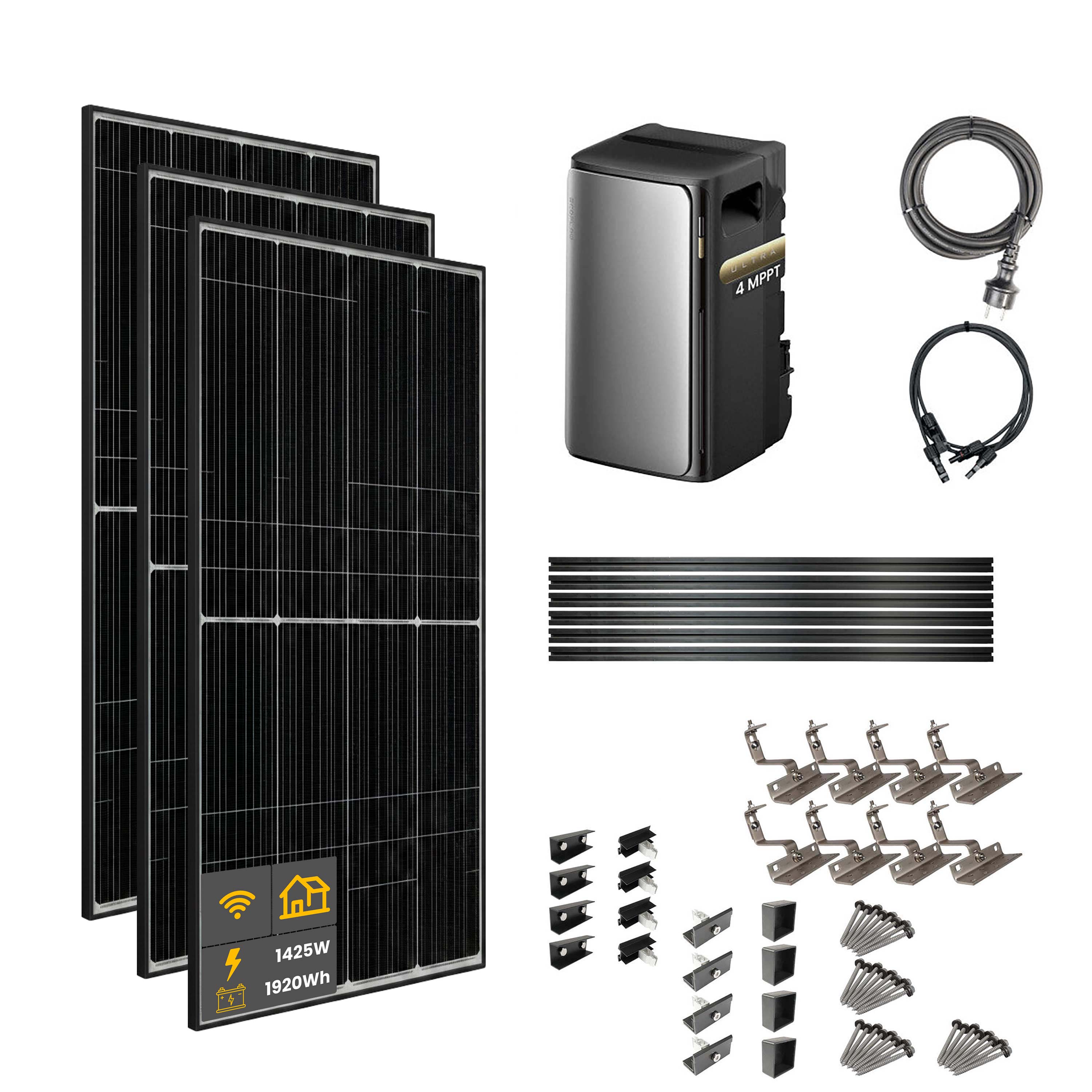 1425 W EcoFlow STREAM Ultra Balkonkraftwerk | Set mit Mikrowechselrichter und 3x 475 W DAH bifacial Solarmodul mit Hausdachhalterung und 1,92 kWh Speicher