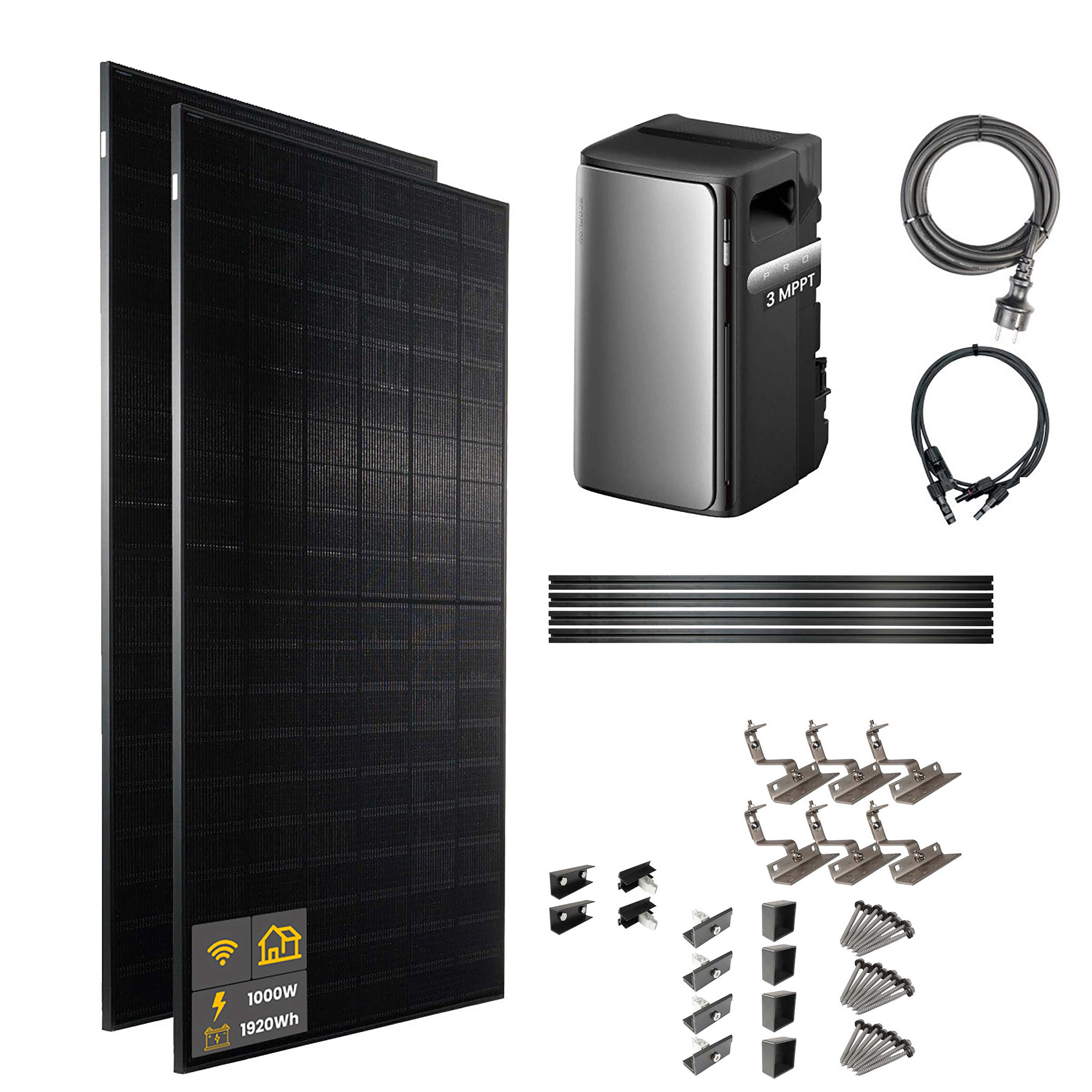 1000 W EcoFlow STREAM Pro Balkonkraftwerk | Set mit Mikrowechselrichter und 2x 500 W DAH bifacial Solarmodul mit Hausdachhalterungen für Ziegeldächer und 1,92 kWh Speicher