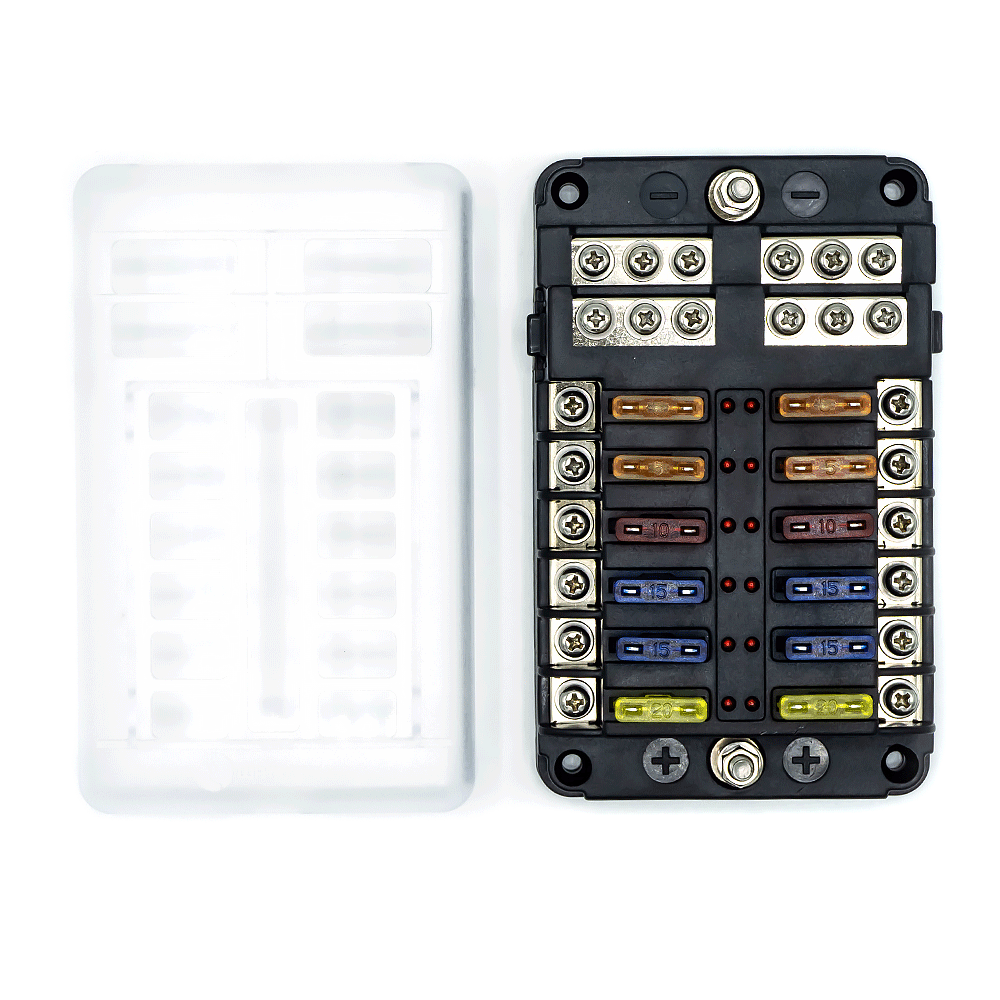 WATTSTUNDE® Plus Distributor 12 with 4 x 5 A, 10 A, 15 A, 20 A blade fuses each
