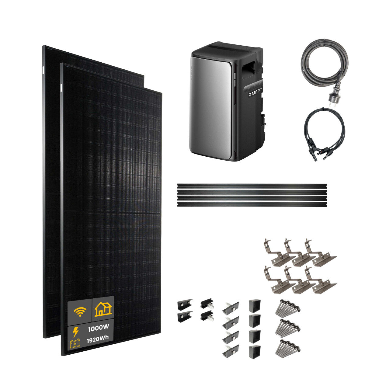 1000 W EcoFlow STREAM Max Balkonkraftwerk | Set mit Hausdachhalterungen für Ziegeldächer, 2x 500 W DAH bifacial Solarmodul und 1,92 kWh Speicher