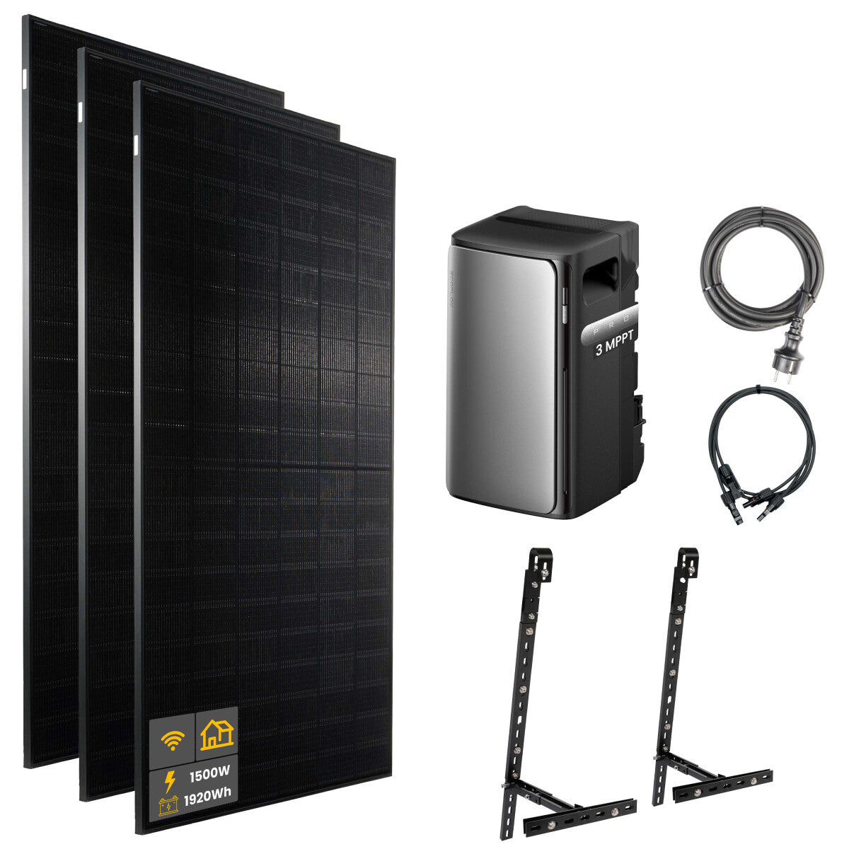 1500 W EcoFlow STREAM Pro Balcony Power Plant | Set with microinverter and 3x 500 W DAH bifacial solar panels with balcony grid mounting and 1.92 kWh storage
