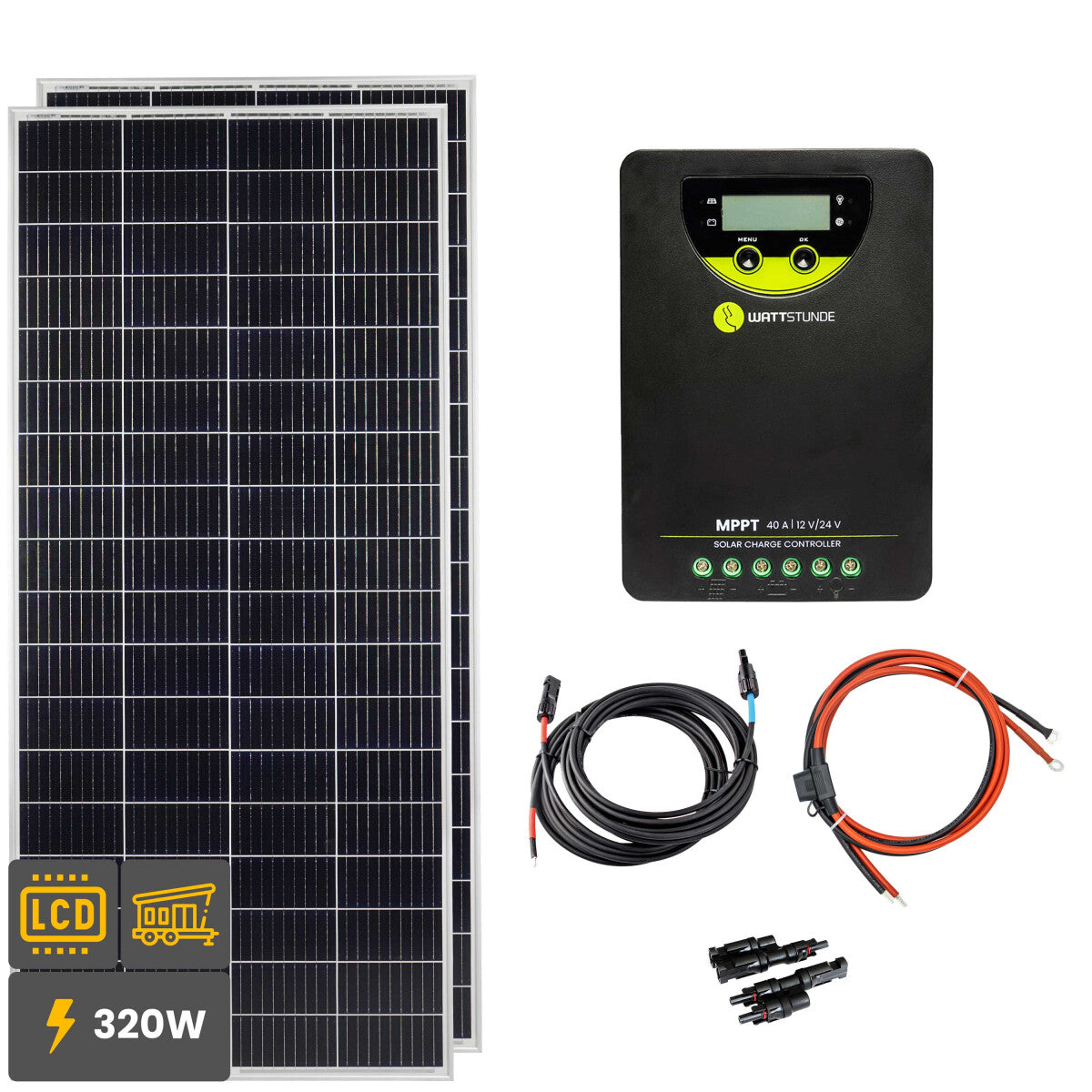 320W Solar Inselanlage Bausatz (2x160 W) WATTSTUNDE® 40 A 90 V MPPT Solar Laderegler WLR-BT40.90 MPPT
