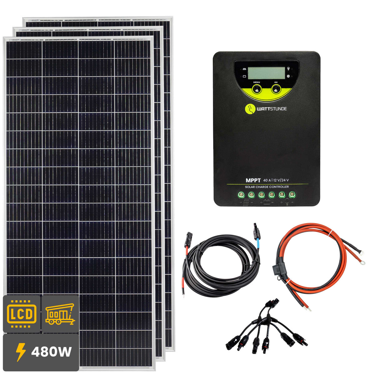 480W Solar Inselanlage Bausatz (3x160W) WATTSTUNDE® 40 A 90 V MPPT Solar Laderegler WLR-BT 40.90 MPPT