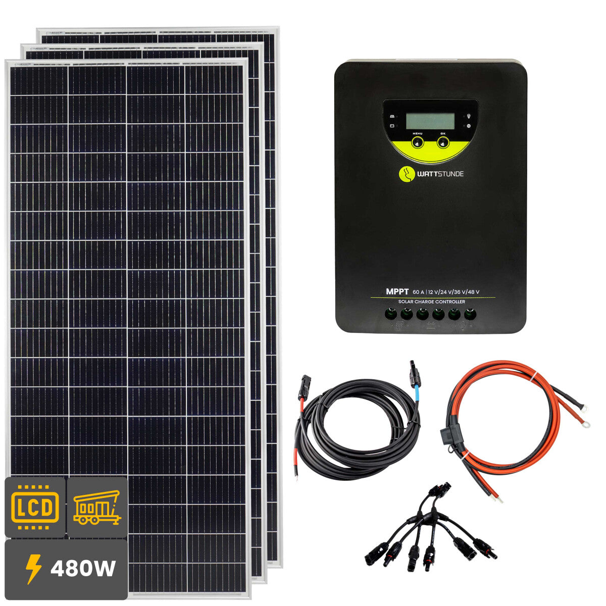 480W Solar Inselanlage Bausatz (3x160W) WATTSTUNDE® 60 A 140 V MPPT Solar Laderegler WLR-BT 60.140 MPPT
