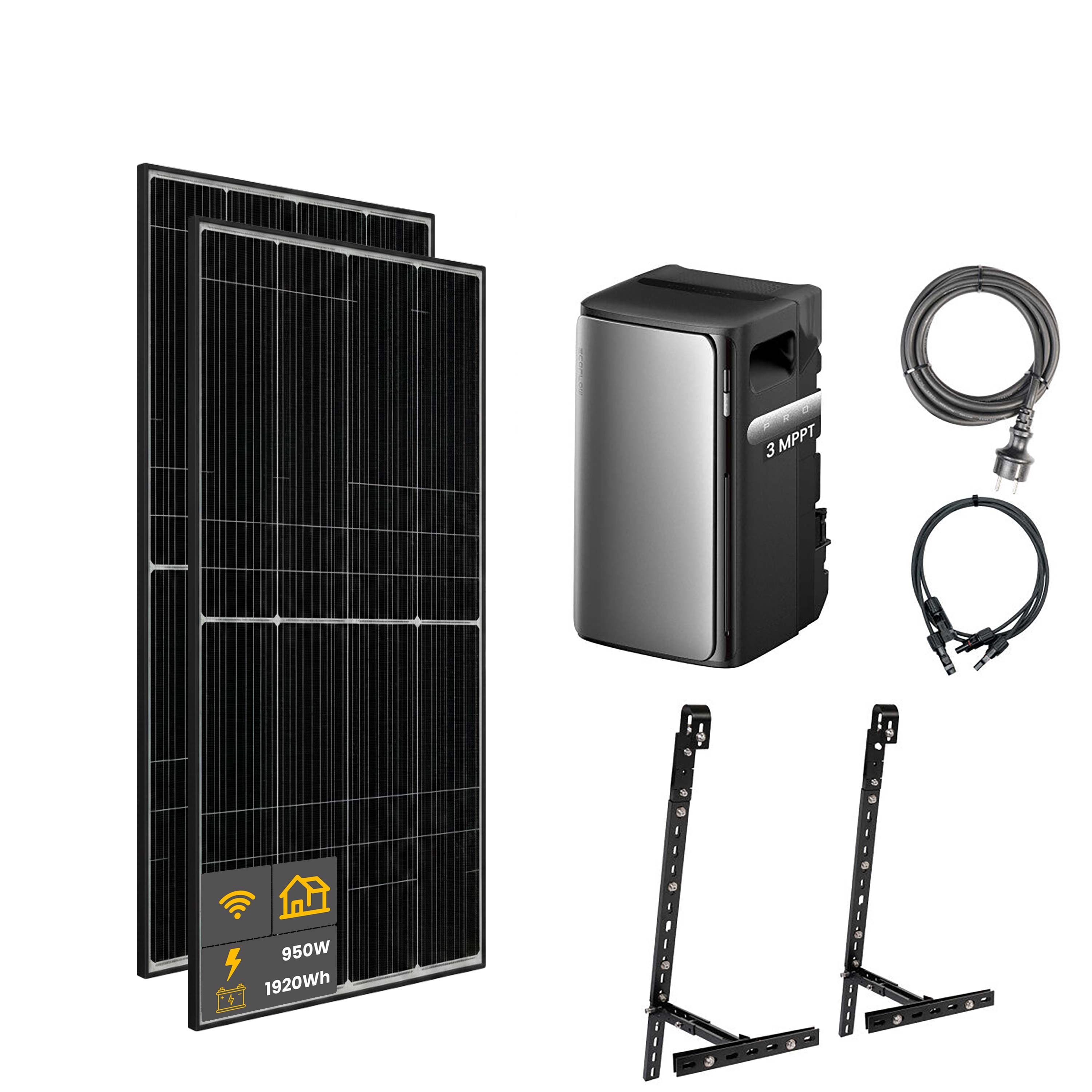 950 W EcoFlow STREAM Pro Balkonkraftwerk | Set mit Mikrowechselrichter und 2x 475 W DAH bifacial Solarmodul mit Gitterbalkon Halterung und 1,92 kWh Speicher
