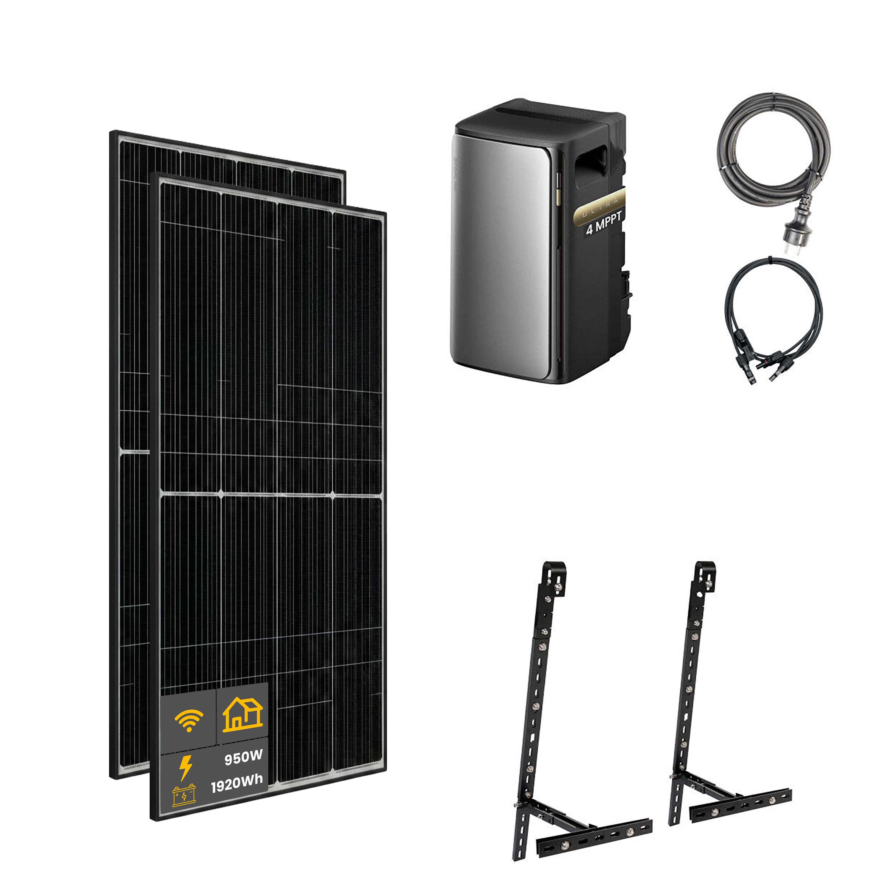 950 W EcoFlow STREAM Ultra Balkonkraftwerk | Set mit Mikrowechselrichter und 2x 475 W DAH bifacial Solarmodul mit Gitterbalkon Halterung und 1,92 kWh Speicher