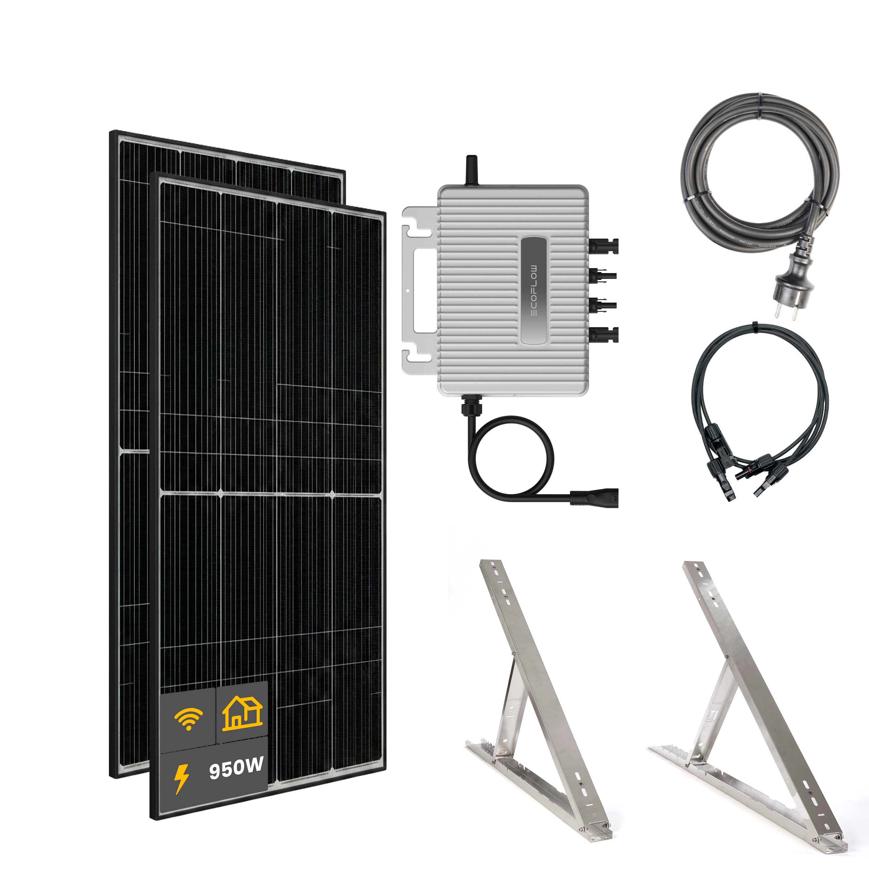 950 W Balkonkraftwerk | Set mit EcoFlow STREAM 800 W Mikrowechselrichter und 2x 475 W DAH Solarmodul mit Flachdach Halterung