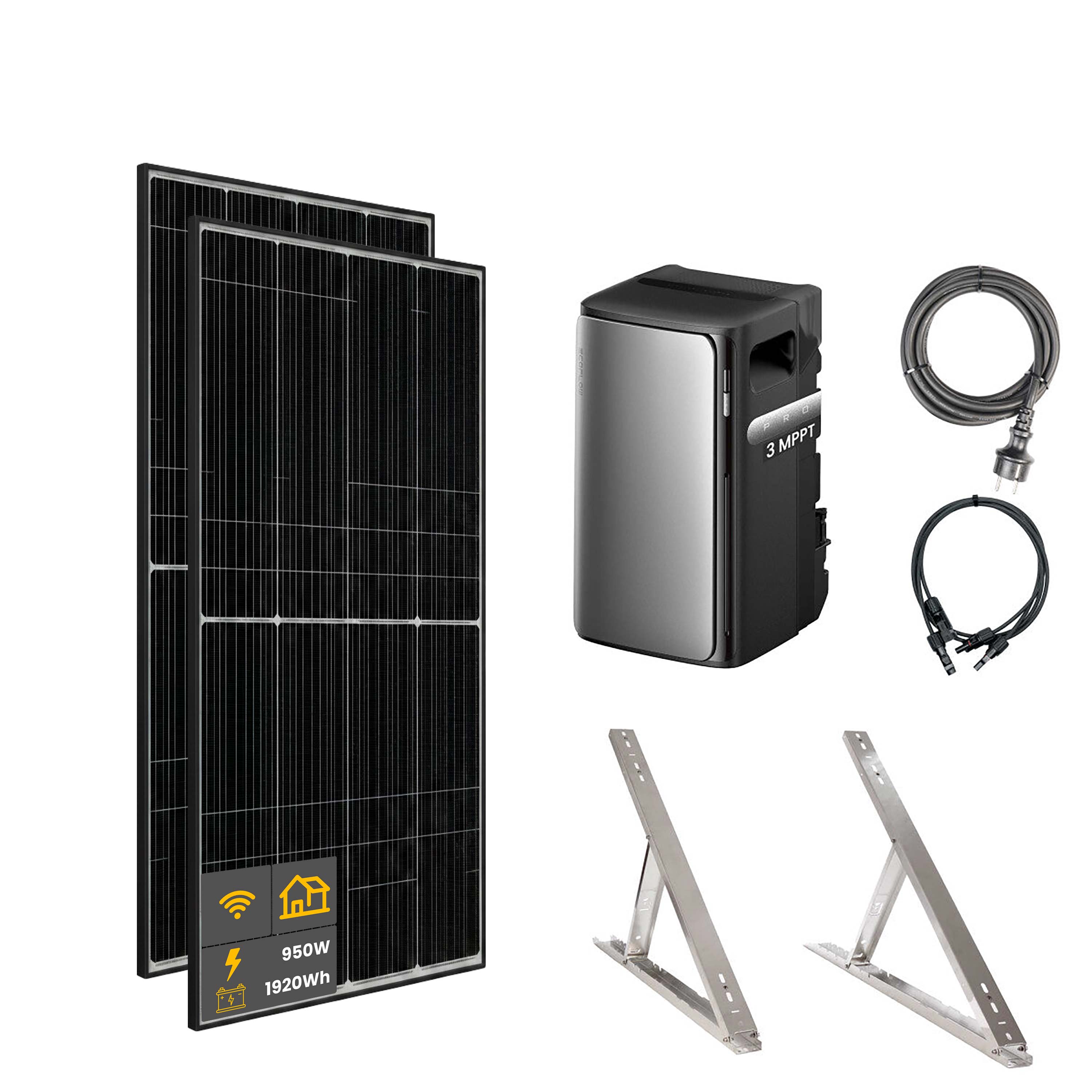 950 W EcoFlow STREAM Pro Balkonkraftwerk | Set mit Mikrowechselrichter und 2x 475 W DAH bifacial Solarmodul mit Flachdach Halterung und 1,92 kWh Speicher