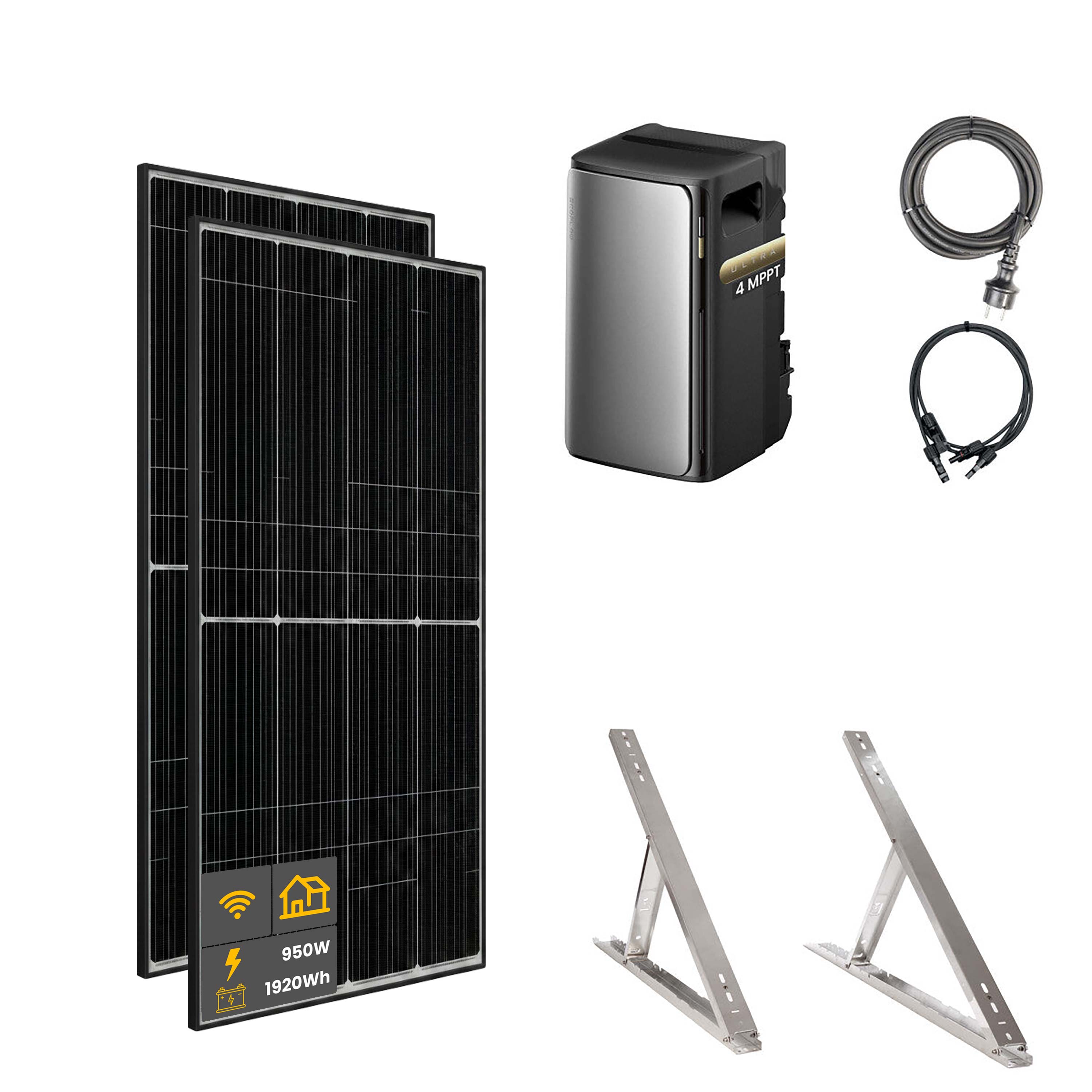 950 W EcoFlow STREAM Ultra Balkonkraftwerk | Set mit Mikrowechselrichter und 2x 475 W DAH bifacial Solarmodul mit Flachdach Halterung und 1,92 kWh Speicher