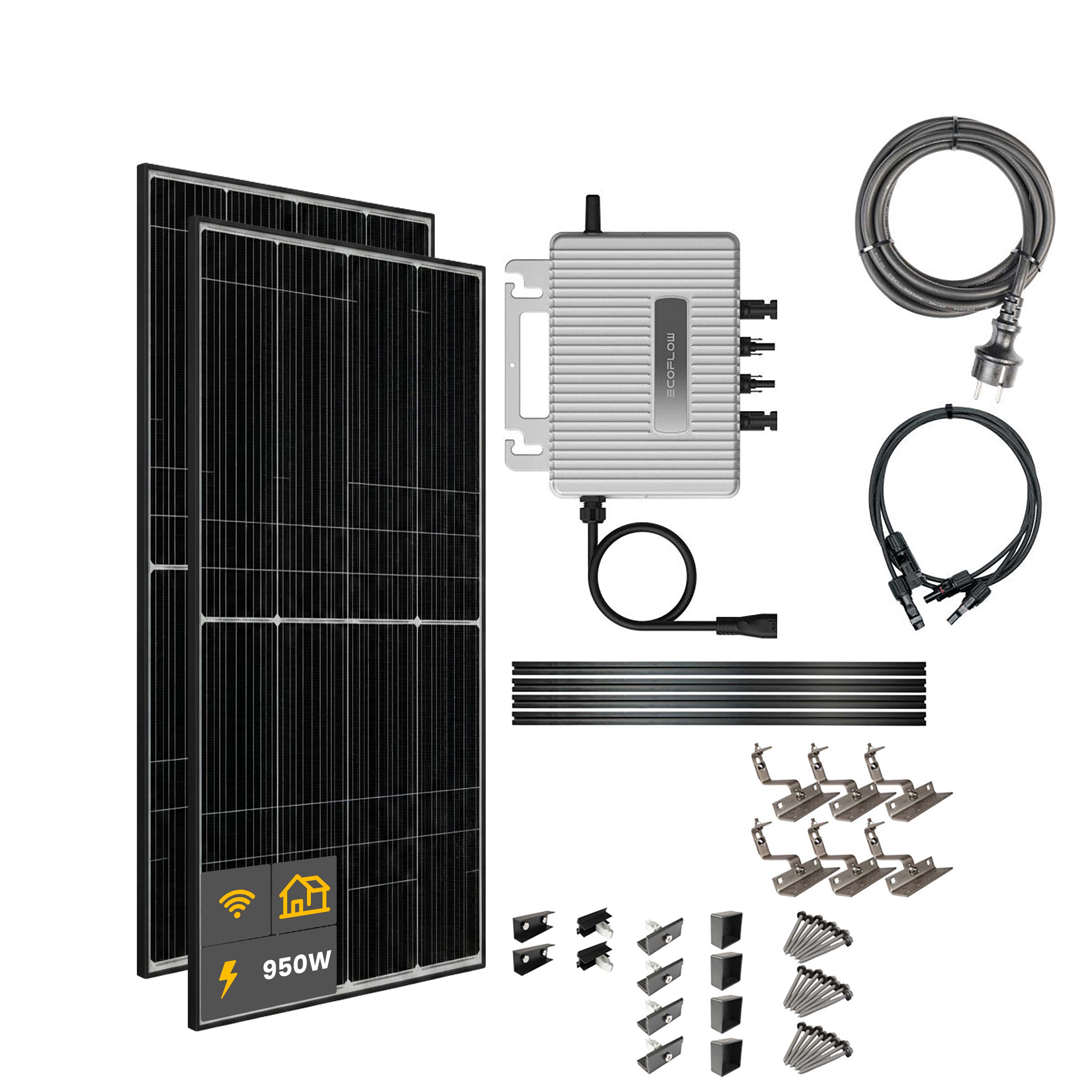 950 W Balkonkraftwerk | Set mit EcoFlow STREAM 800 W Mikrowechselrichter und 2x 475 W DAH Solarmodul mit Hausdachhalterungen für Ziegeldächer ohne Speicher
