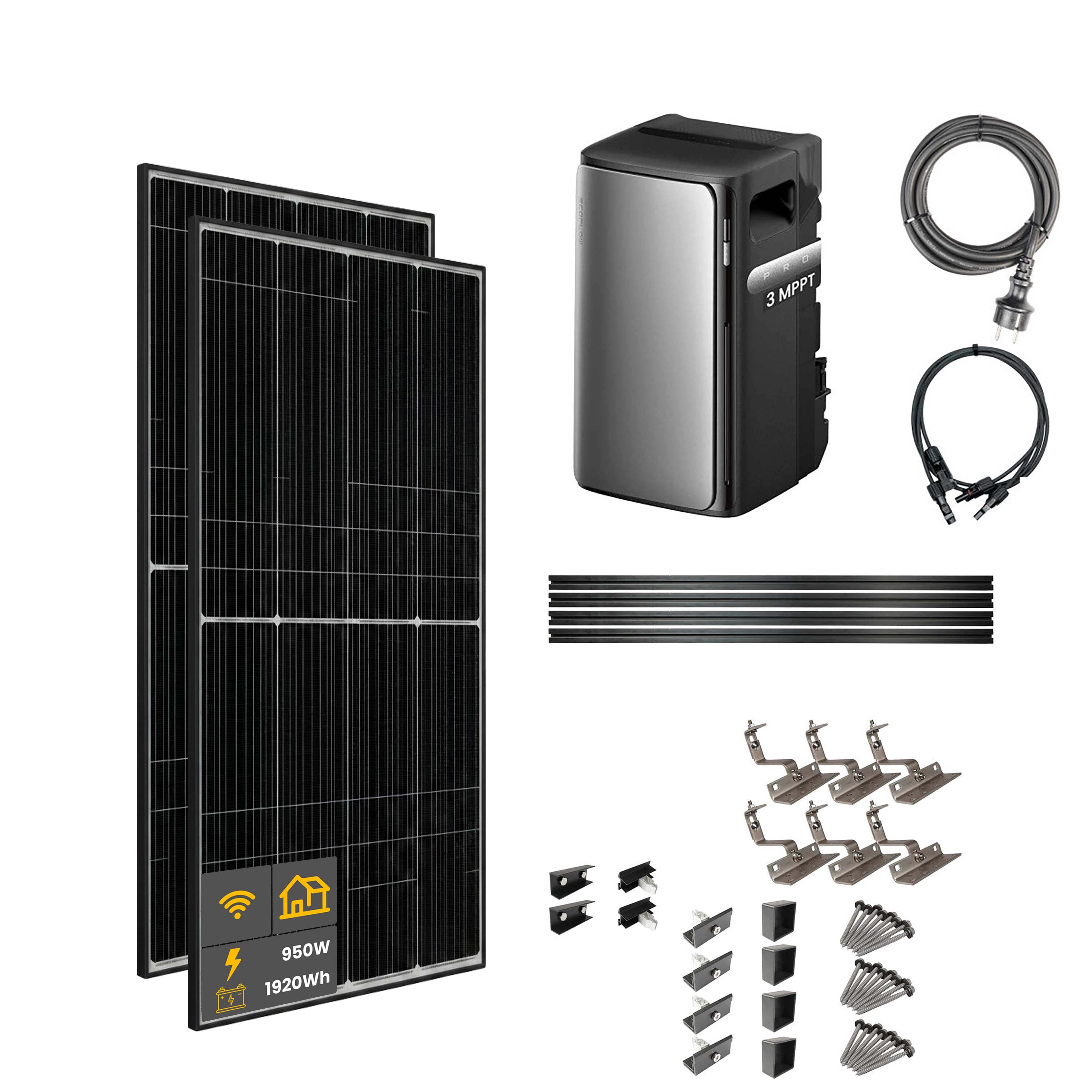 950 W EcoFlow STREAM Pro Balkonkraftwerk | Set mit Mikrowechselrichter und 2x 475 W DAH bifacial Solarmodul mit Hausdachhalterungen für Ziegeldächer und 1,92 kWh Speicher