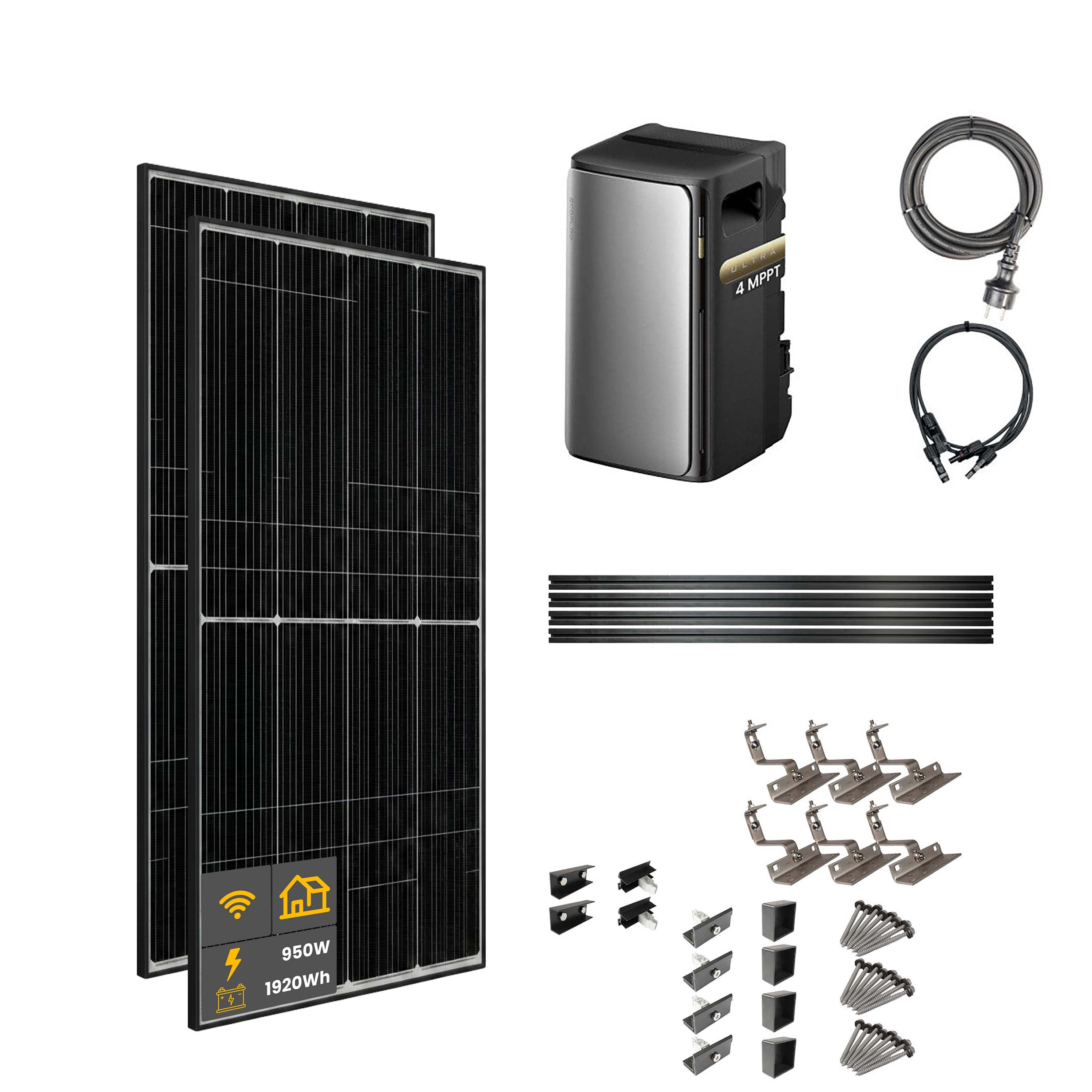 950 W EcoFlow STREAM Ultra Balkonkraftwerk | Set mit Mikrowechselrichter und 2x 475 W DAH bifacial Solarmodul mit Hausdachhalterung und 1,92 kWh Speicher