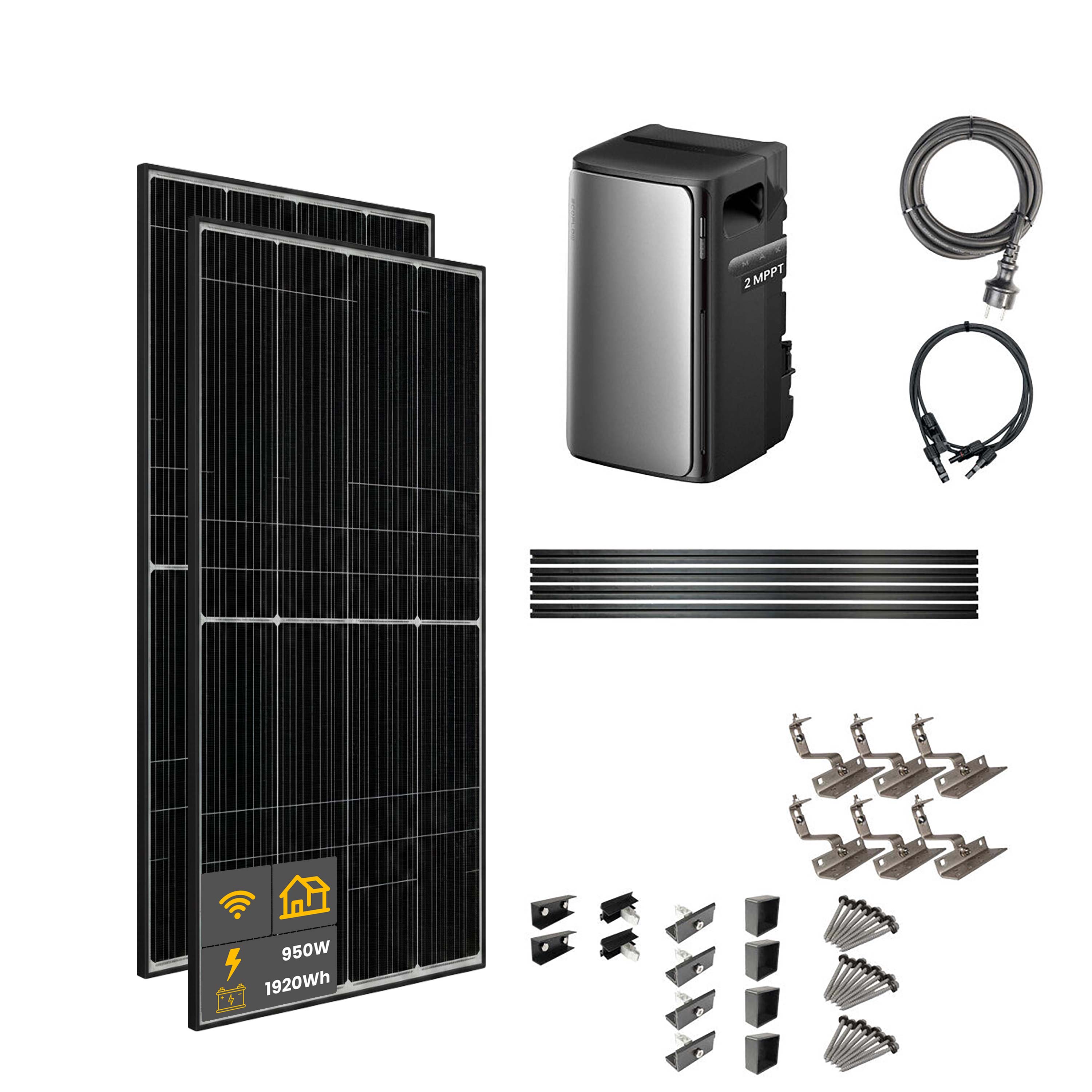 1000 W EcoFlow STREAM Max Balcony Power Plant | Set with roof mounting brackets for tiled roofs, 2 x 500 W DAH bifacial solar modules and 1.92 kWh storage