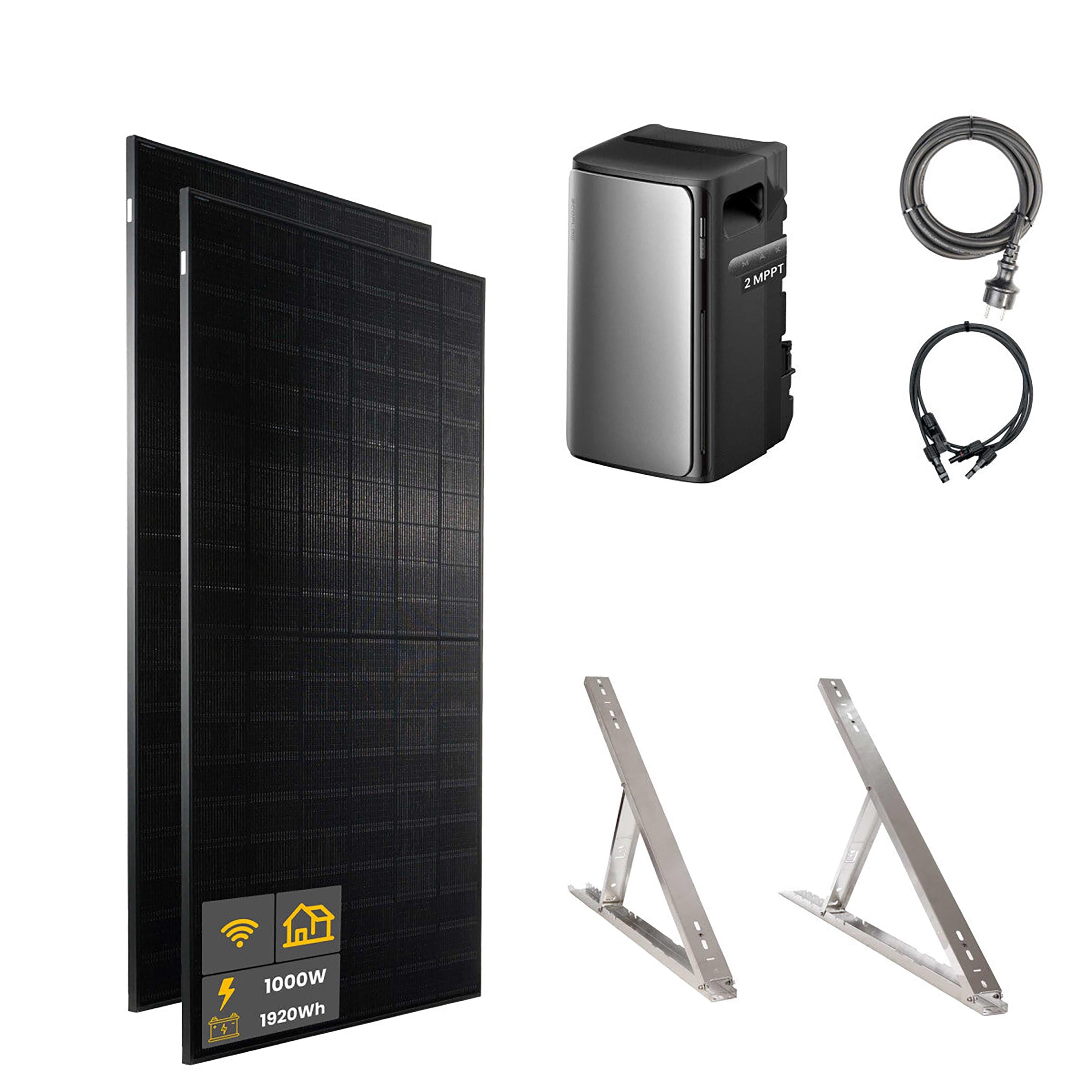 1000 W EcoFlow STREAM Max Balkonkraftwerk | Set mit Mikrowechselrichter und 2x 500 W DAH bifacial Solarmodul mit Flachdach Halterung und 1,92 kWh Speicher