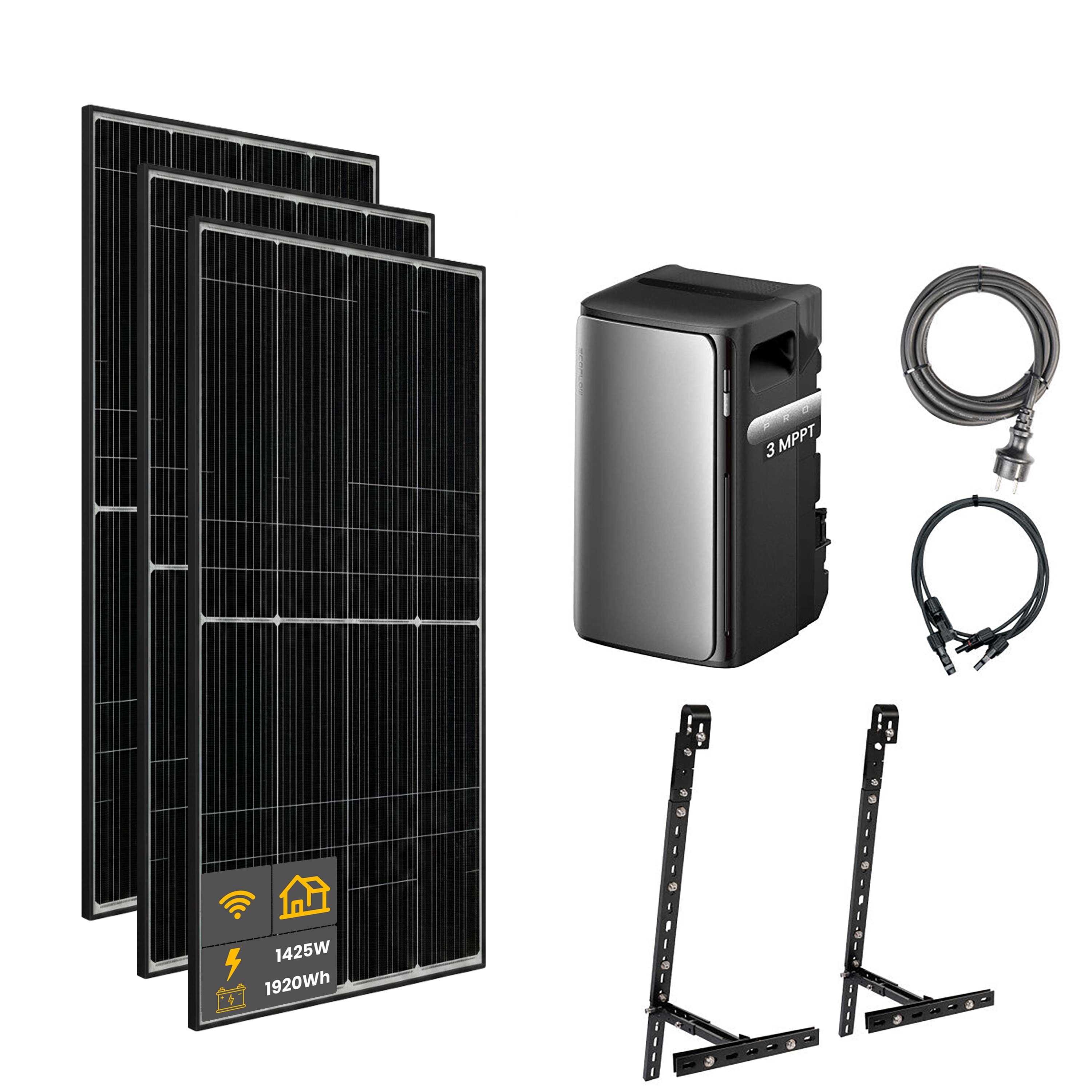 1500 W EcoFlow STREAM Pro Balcony Power Plant | Set with microinverter and 3x 500 W DAH bifacial solar panels with balcony grid mounting and 1.92 kWh storage
