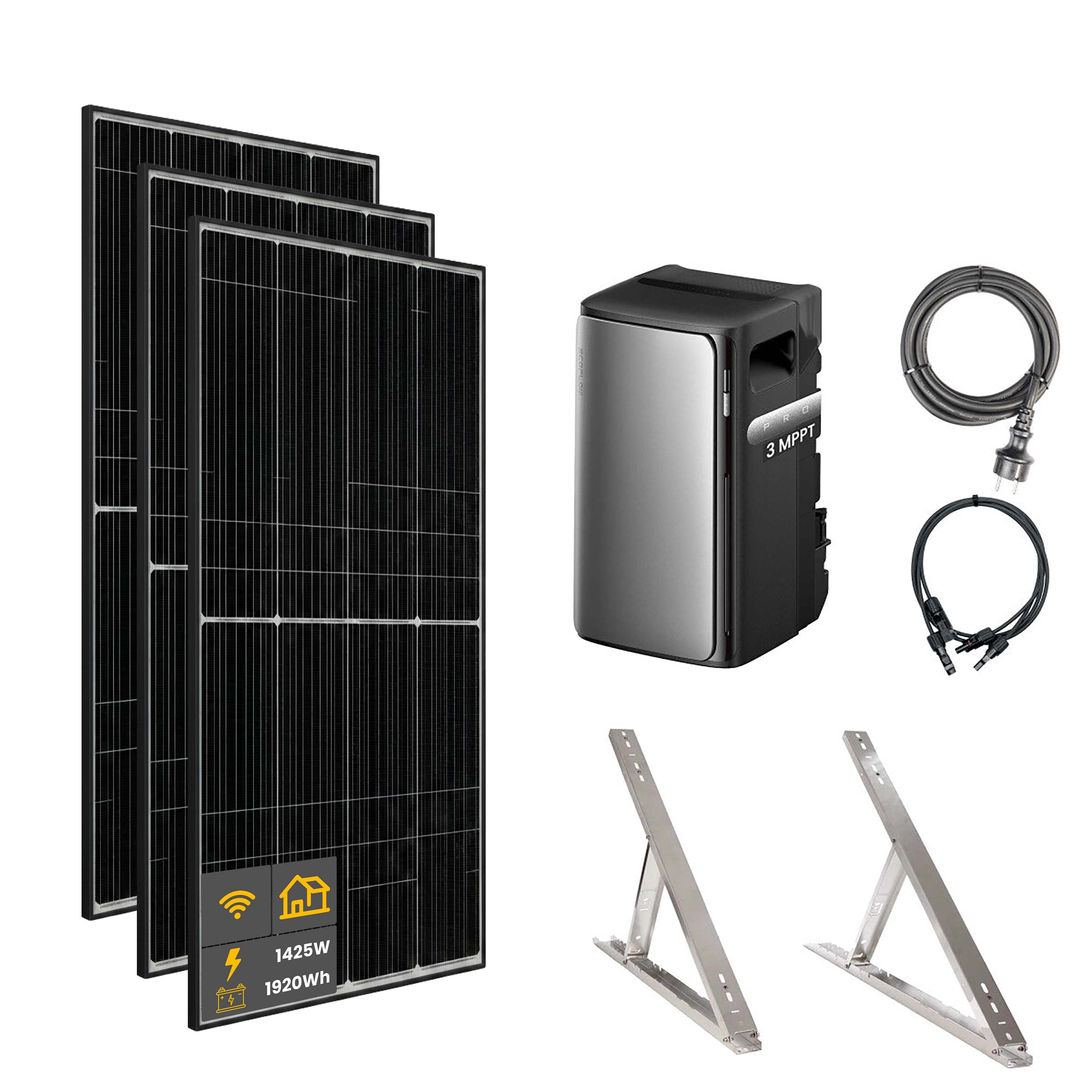 1500 W EcoFlow STREAM Pro Balcony Power Plant | Set with microinverter and 3x 500 W DAH bifacial solar modules with flat roof mounting and 1.92 kWh storage