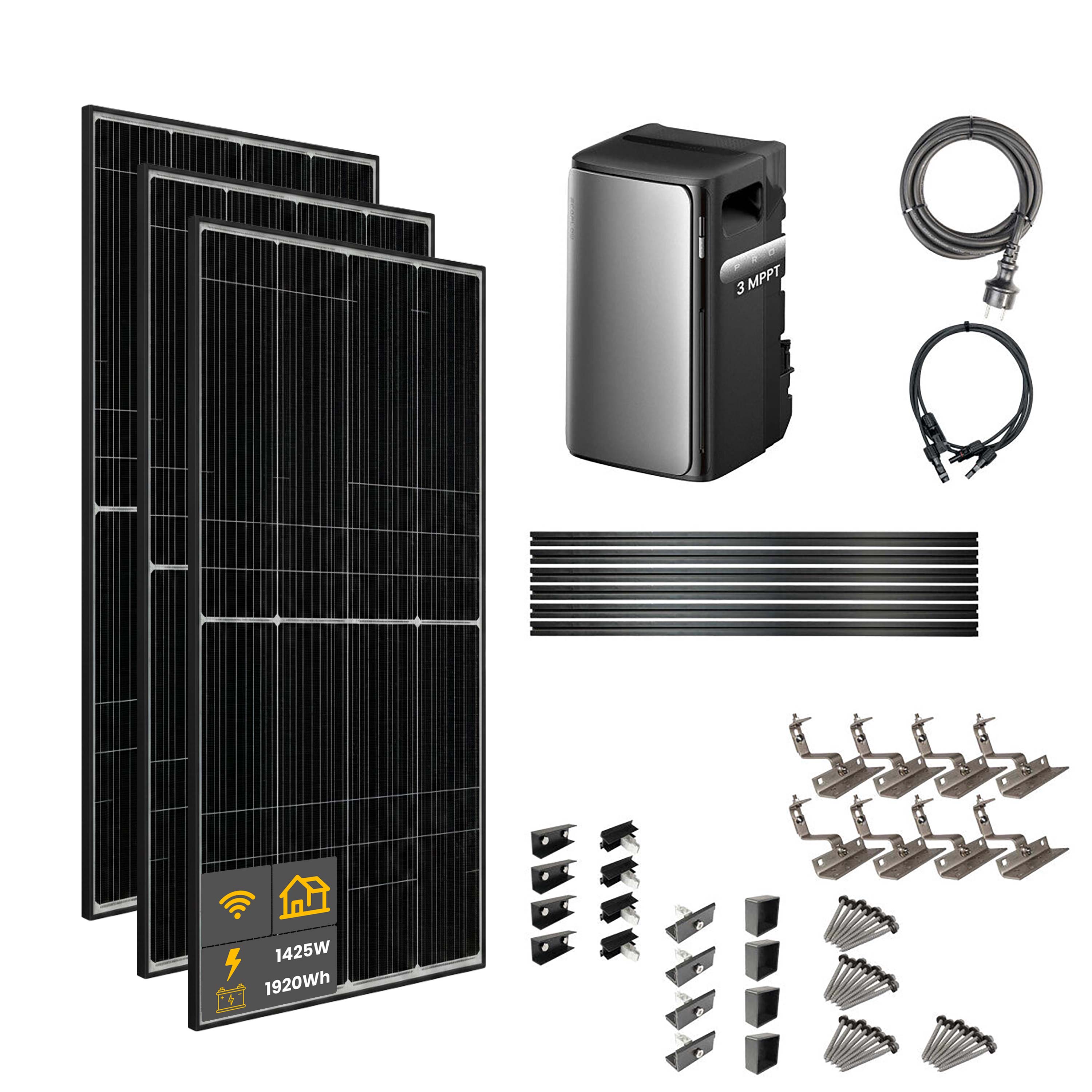1500 W EcoFlow STREAM Pro Balcony Power Plant | Set with roof mounting brackets for tiled roofs, 3 x 500 W DAH bifacial solar modules and 1.92 kWh storage