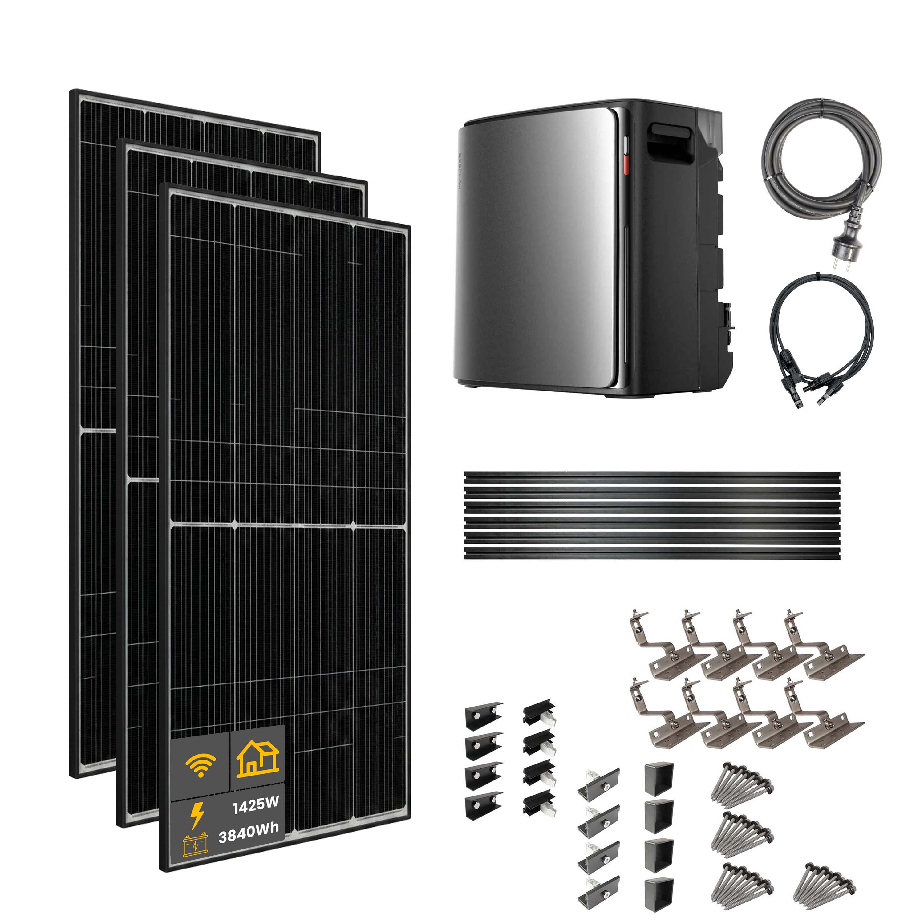 1425 W EcoFlow STREAM Ultra X Balkonkraftwerk | Set mit Mikrowechselrichter und 3x 475 W DAH bifacial Solarmodul mit Hausdachhalterung und 3,84 kWh Speicher