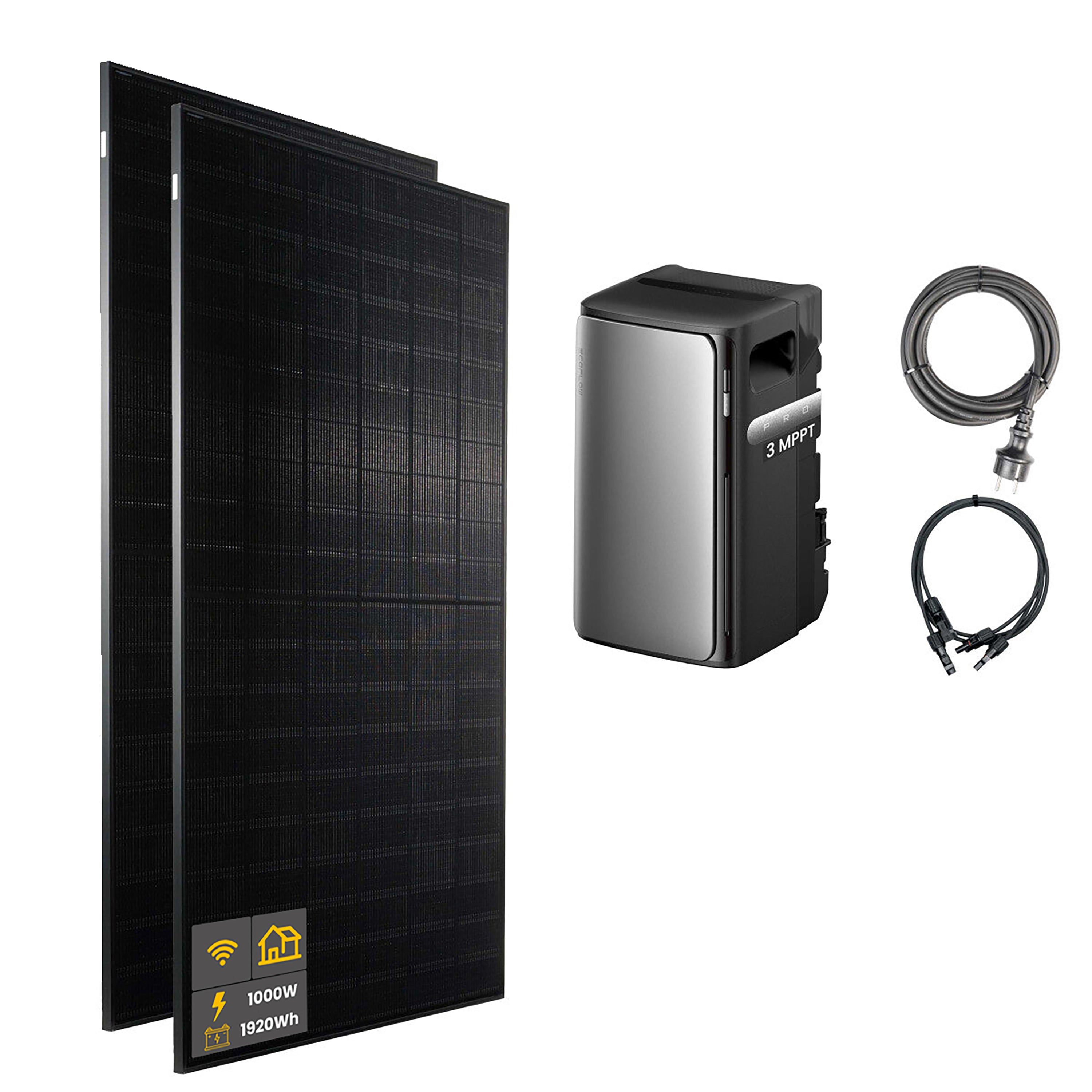 1000 W EcoFlow STREAM Pro Balkonkraftwerk | Set mit Mikrowechselrichter und 2x 500 W DAH bifacial Solarmodul ohne Halterung und 1,92 kWh Speicher