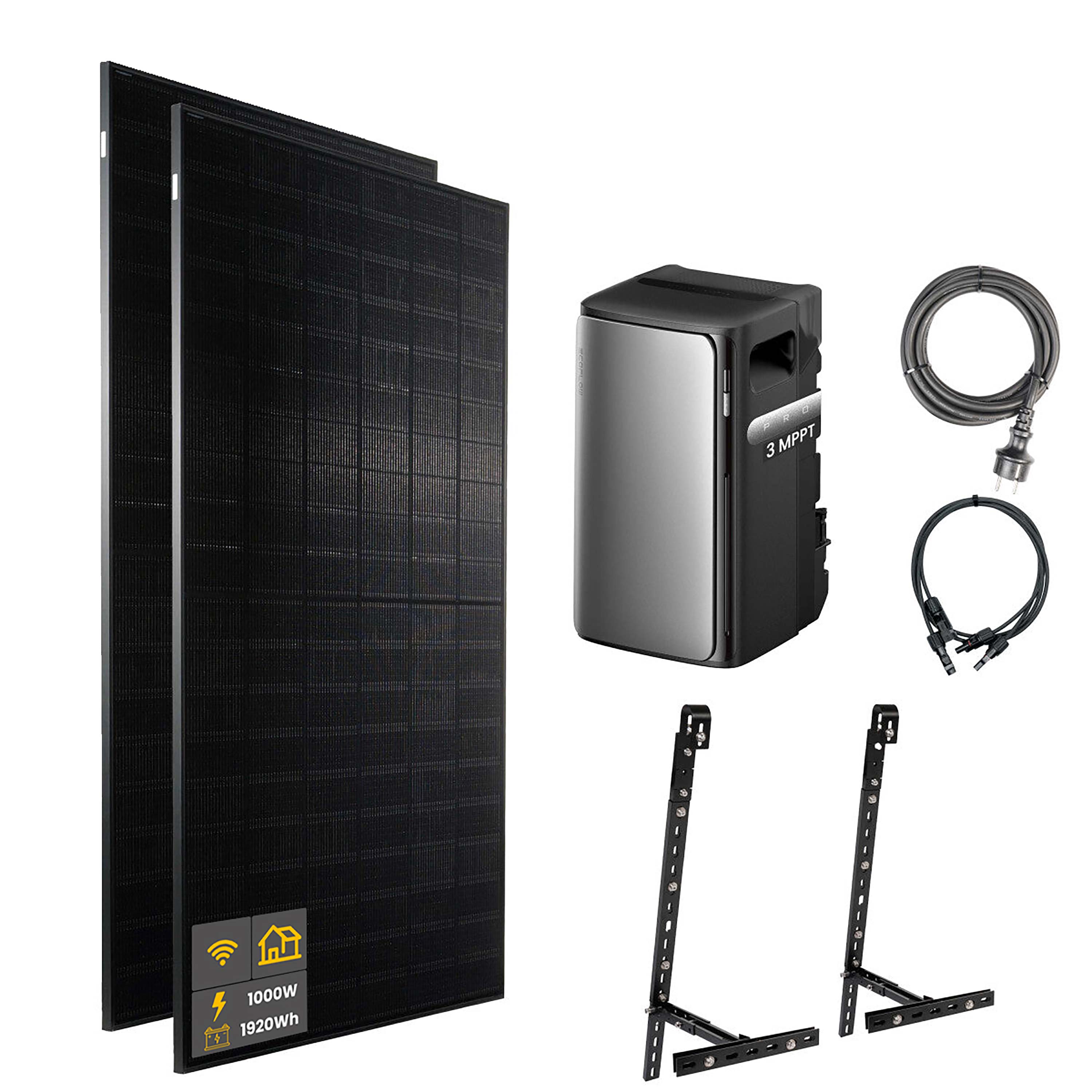 1000 W EcoFlow STREAM Pro Balkonkraftwerk | Set mit Mikrowechselrichter und 2x 500 W DAH bifacial Solarmodul mit Gitterbalkon Halterung und 1,92 kWh Speicher