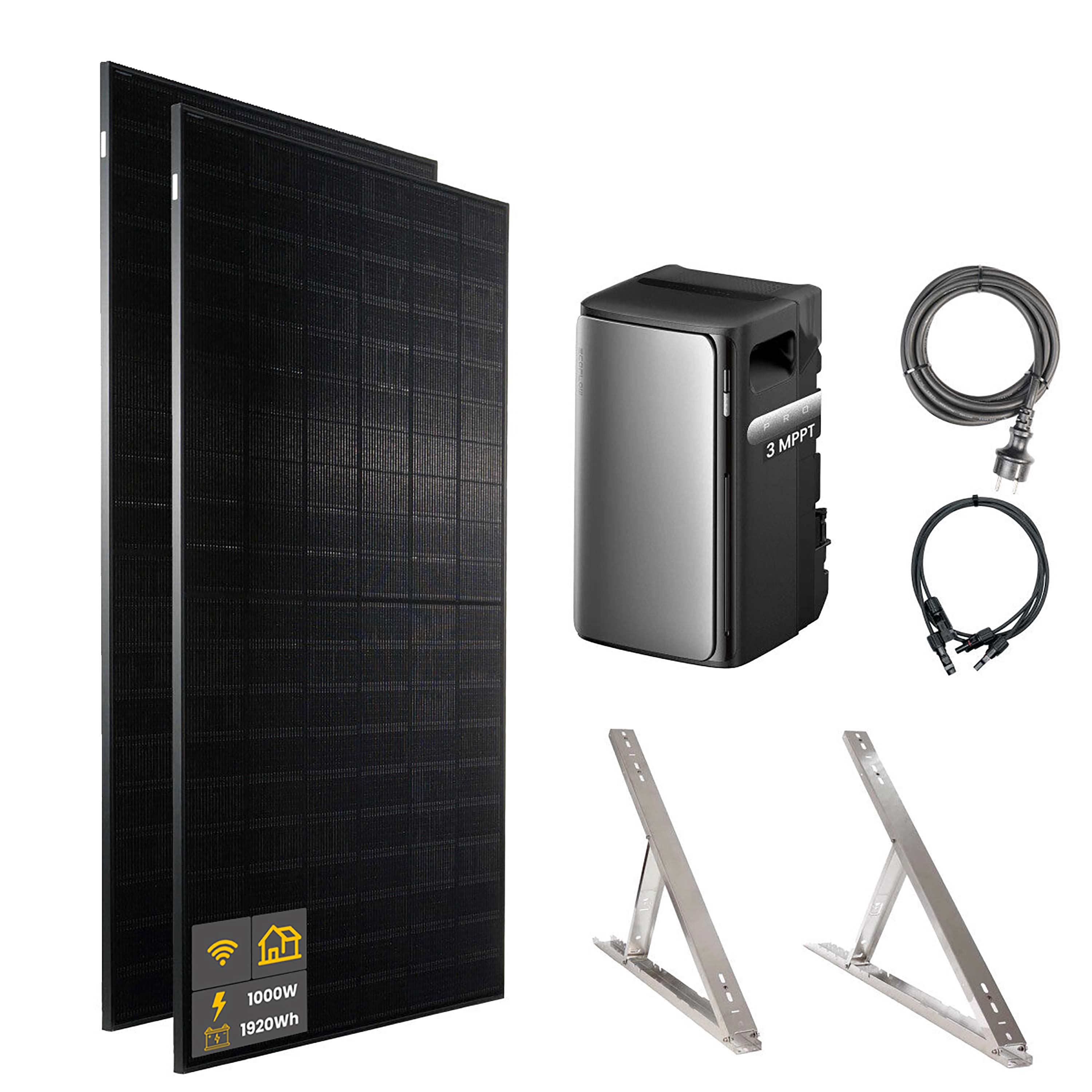 1000 W EcoFlow STREAM Pro Balkonkraftwerk | Set mit Mikrowechselrichter und 2x 500 W DAH bifacial Solarmodul mit Flachdach Halterung und 1,92 kWh Speicher