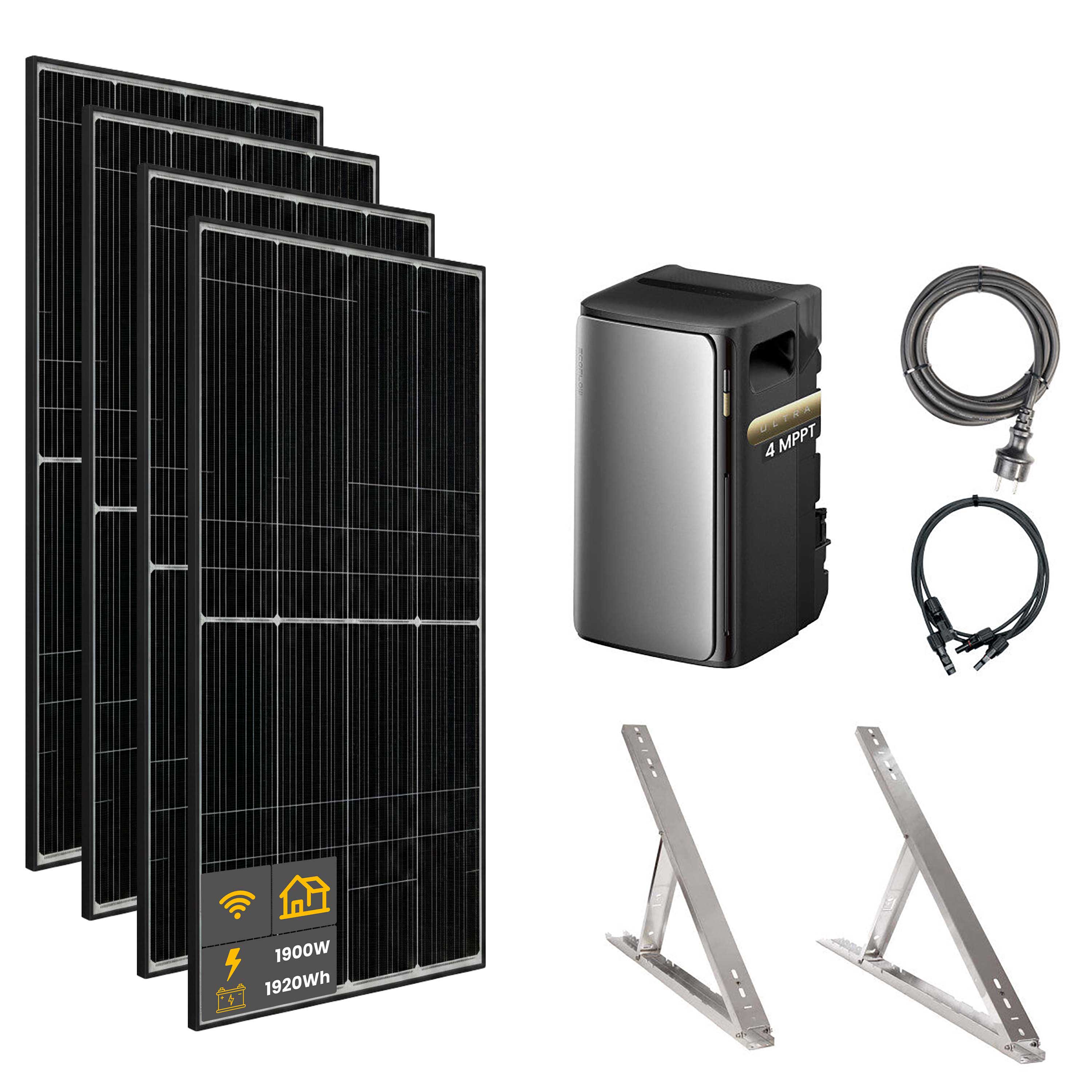 2000 W EcoFlow STREAM Ultra Balcony Power Plant | Set with microinverter and 4x 500 W DAH bifacial solar modules with flat roof mounting and 1.92 kWh storage
