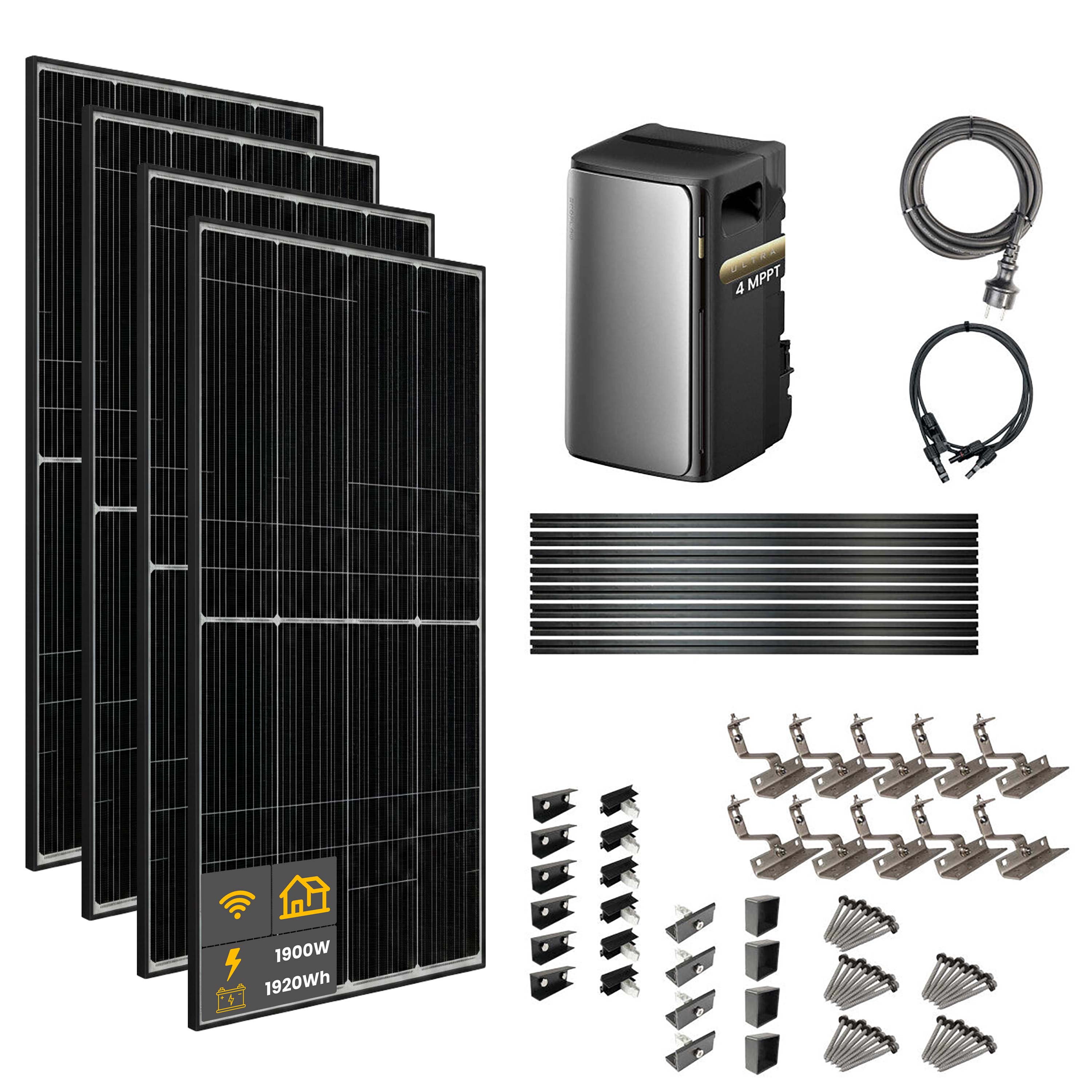 2000 W EcoFlow STREAM Ultra Balcony Power Plant | Set with roof mounting brackets for tiled roofs, 4 x 500 W DAH bifacial solar modules and 1.92 kWh storage