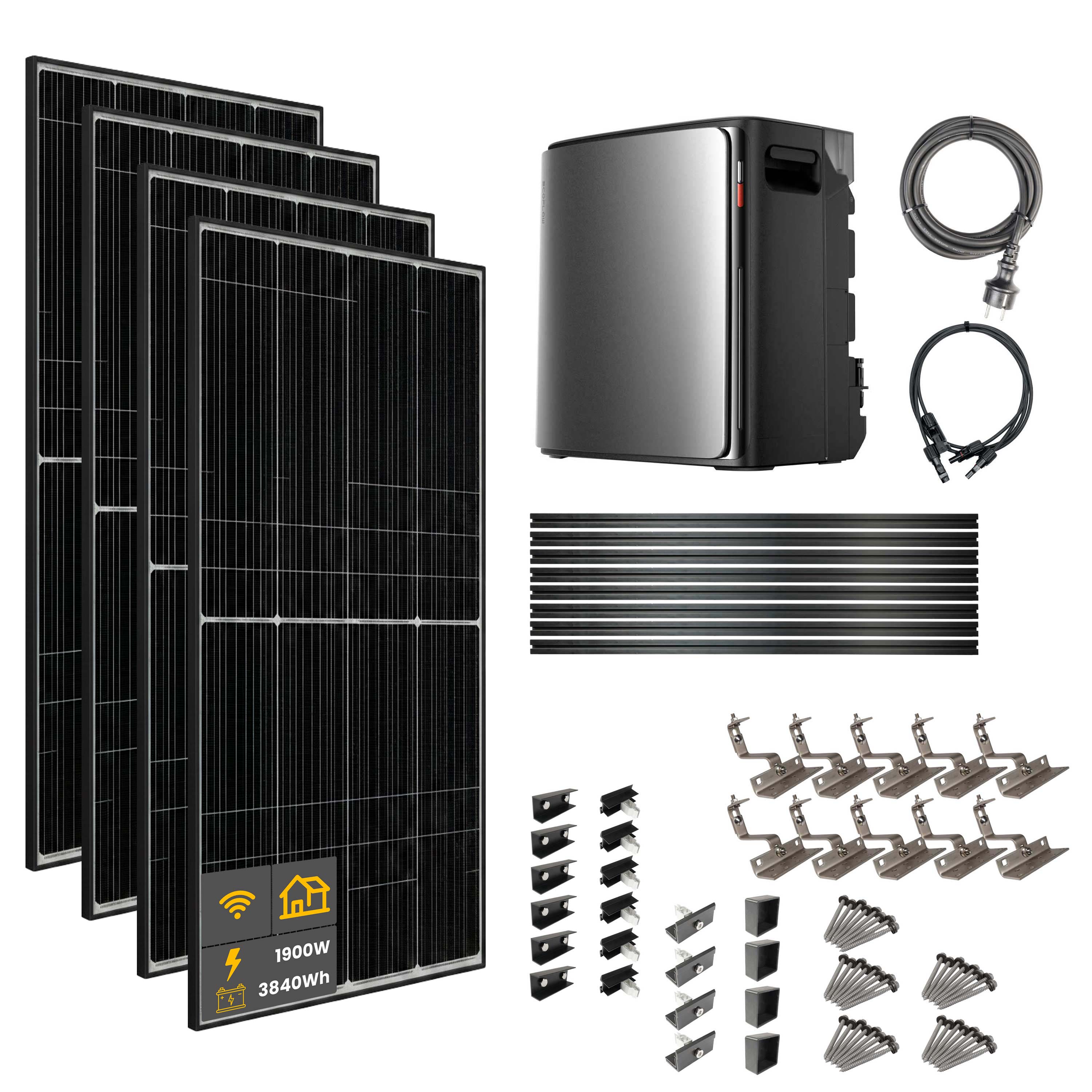 2000 W EcoFlow STREAM Ultra X Balcony Power Plant | Set with roof mounting brackets for tiled roofs, 4 x 500 W DAH bifacial solar modules and 3.84 kWh storage