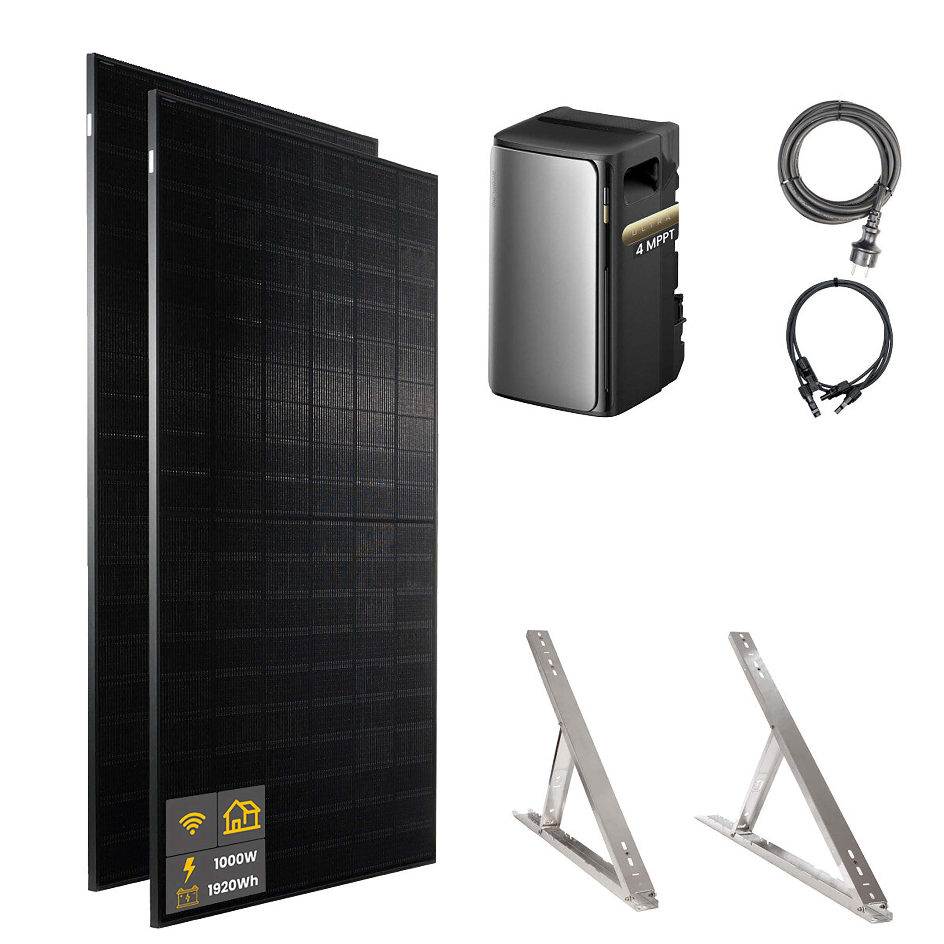 1000 W EcoFlow STREAM Ultra Balkonkraftwerk | Set mit Mikrowechselrichter und 2x 500 W DAH bifacial Solarmodul mit Flachdach Halterung und 1,92 kWh Speicher