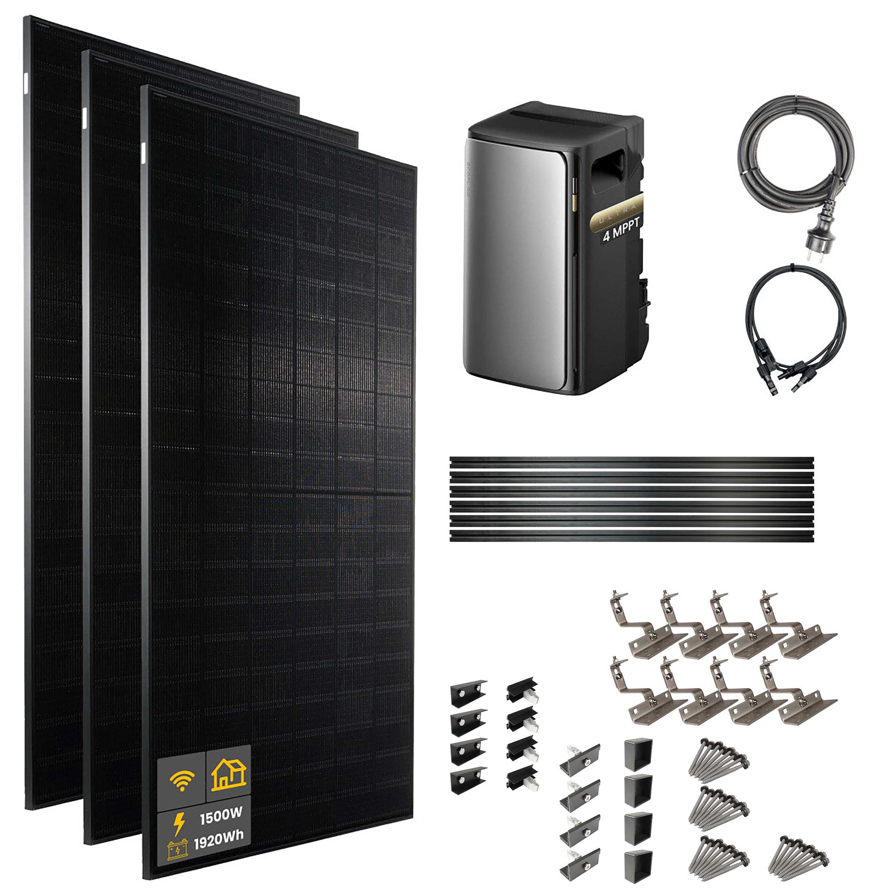 1500 W EcoFlow STREAM Ultra Balkonkraftwerk | Set mit Hausdachhalterungen für Ziegeldächer, 3x 500 W DAH bifacial Solarmodul und 1,92 kWh Speicher