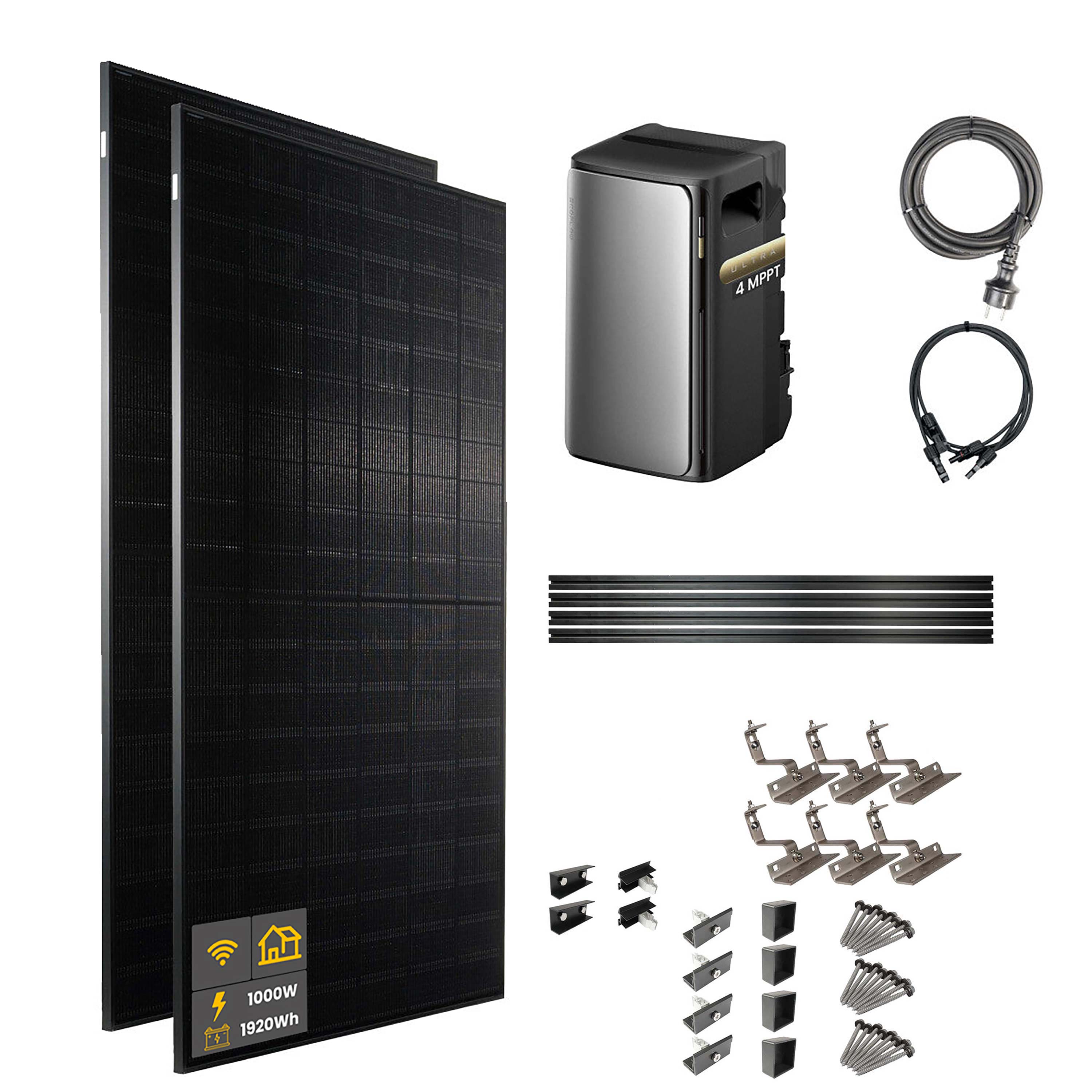 1000 W EcoFlow STREAM Ultra Balkonkraftwerk | Set mit Hausdachhalterungen für Ziegeldächer, 2x 500 W DAH bifacial Solarmodul und 1,92 kWh Speicher