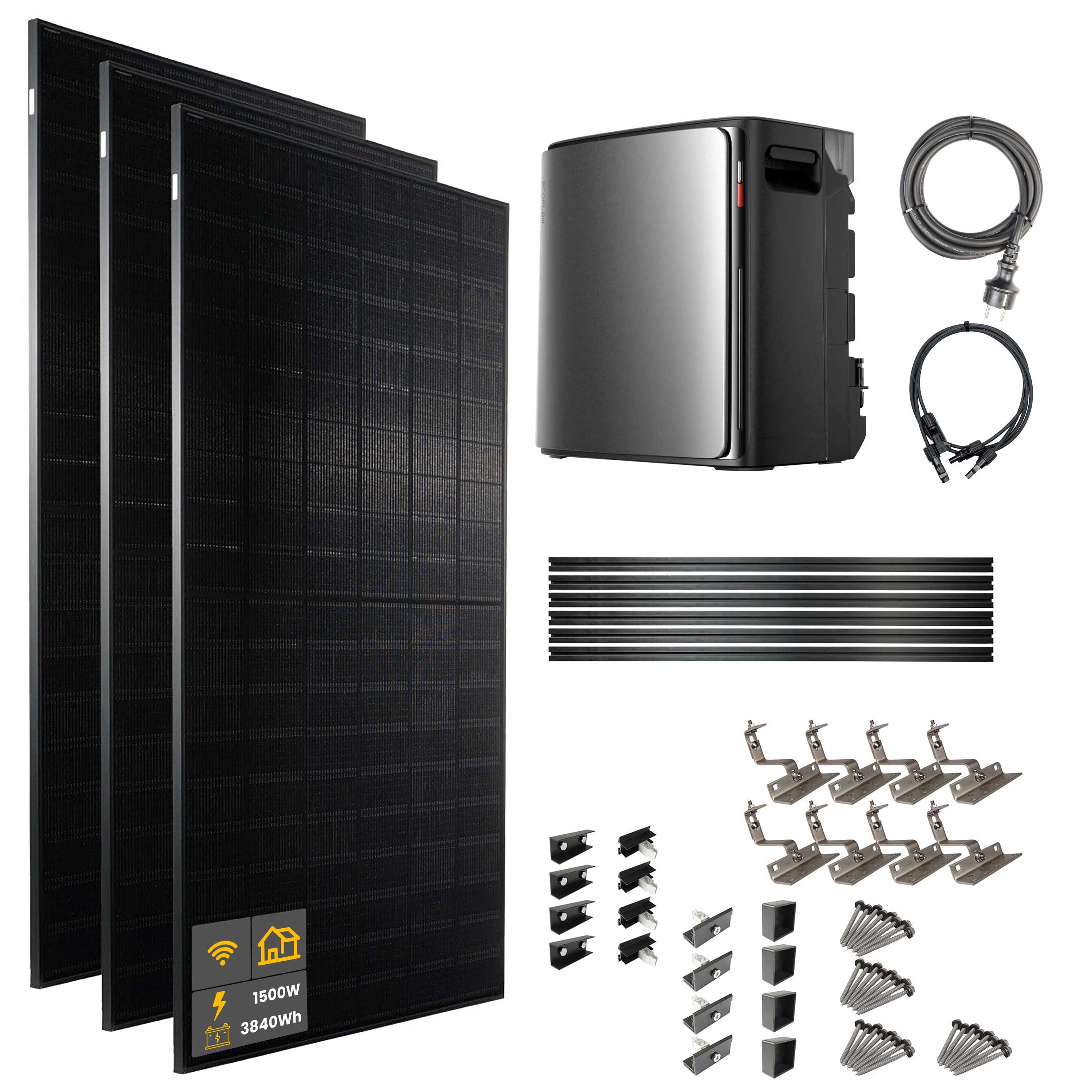 1500 W EcoFlow STREAM Ultra X Balkonkraftwerk | Set mit Hausdachhalterungen für Ziegeldächer, 3x 500 W DAH bifacial Solarmodul und 3,84 kWh Speicher
