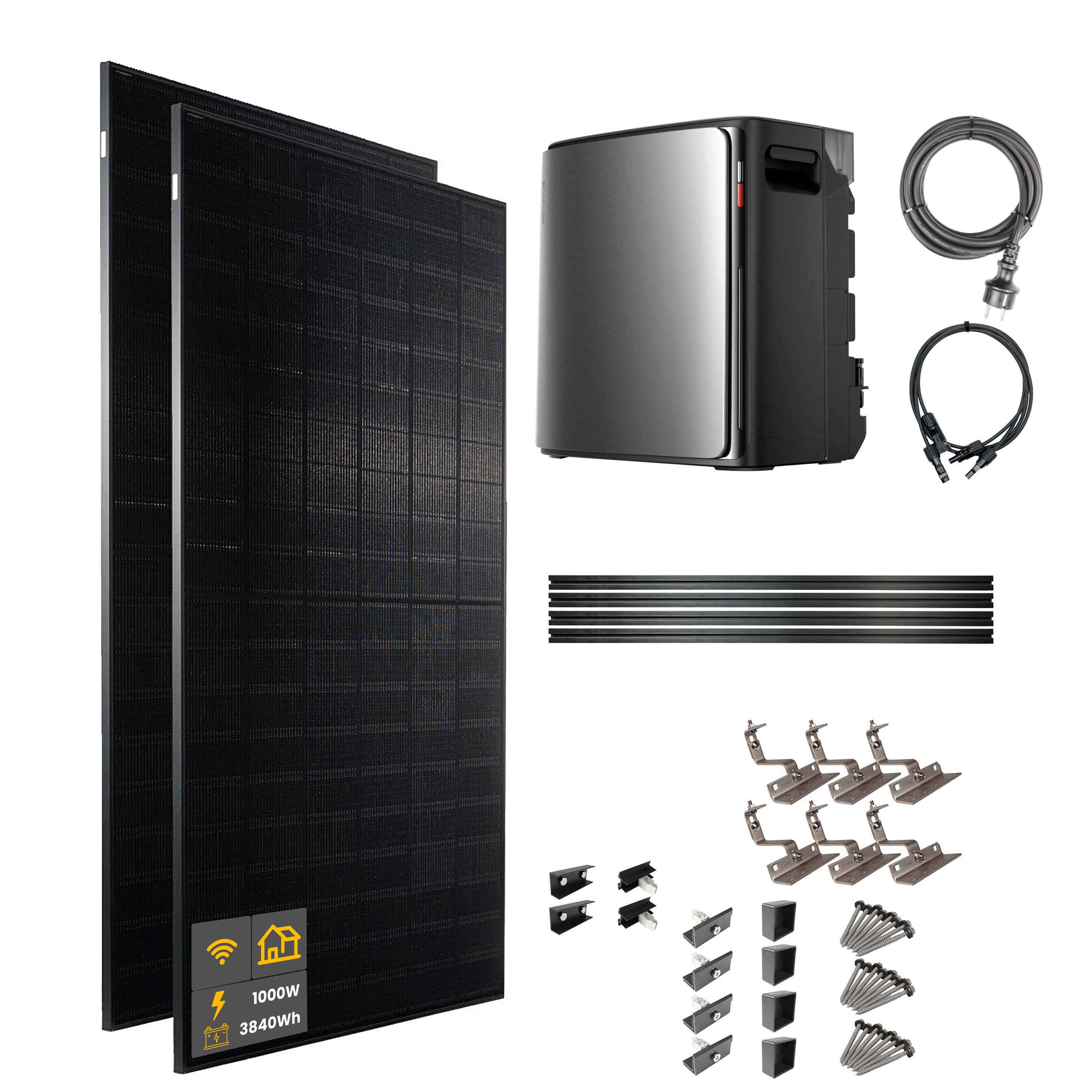 1000 W EcoFlow STREAM Ultra X Balkonkraftwerk | Set mit Hausdachhalterungen für Ziegeldächer, 2x 500 W DAH bifacial Solarmodul und 3,84 kWh Speicher