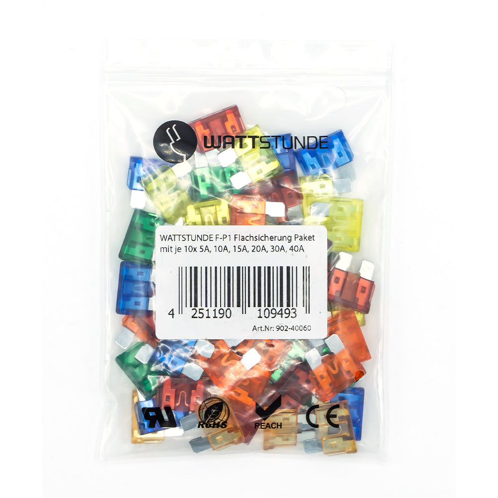 WATTSTUNDE® F-P1 blade fuse pack containing 10 each of 5 A, 10 A, 15 A, 20 A, 30 A, 40 A