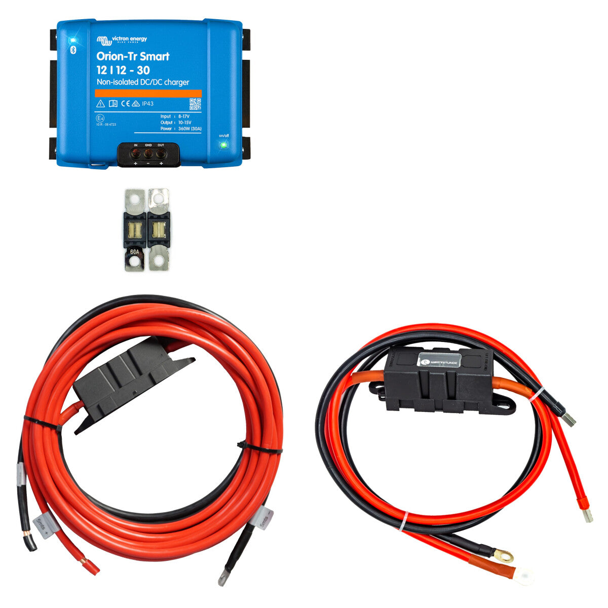 Charging booster set with Victron Orion-Tr Smart 12/12-30 non-insulated battery and 5m connection cable for starter and auxiliary battery