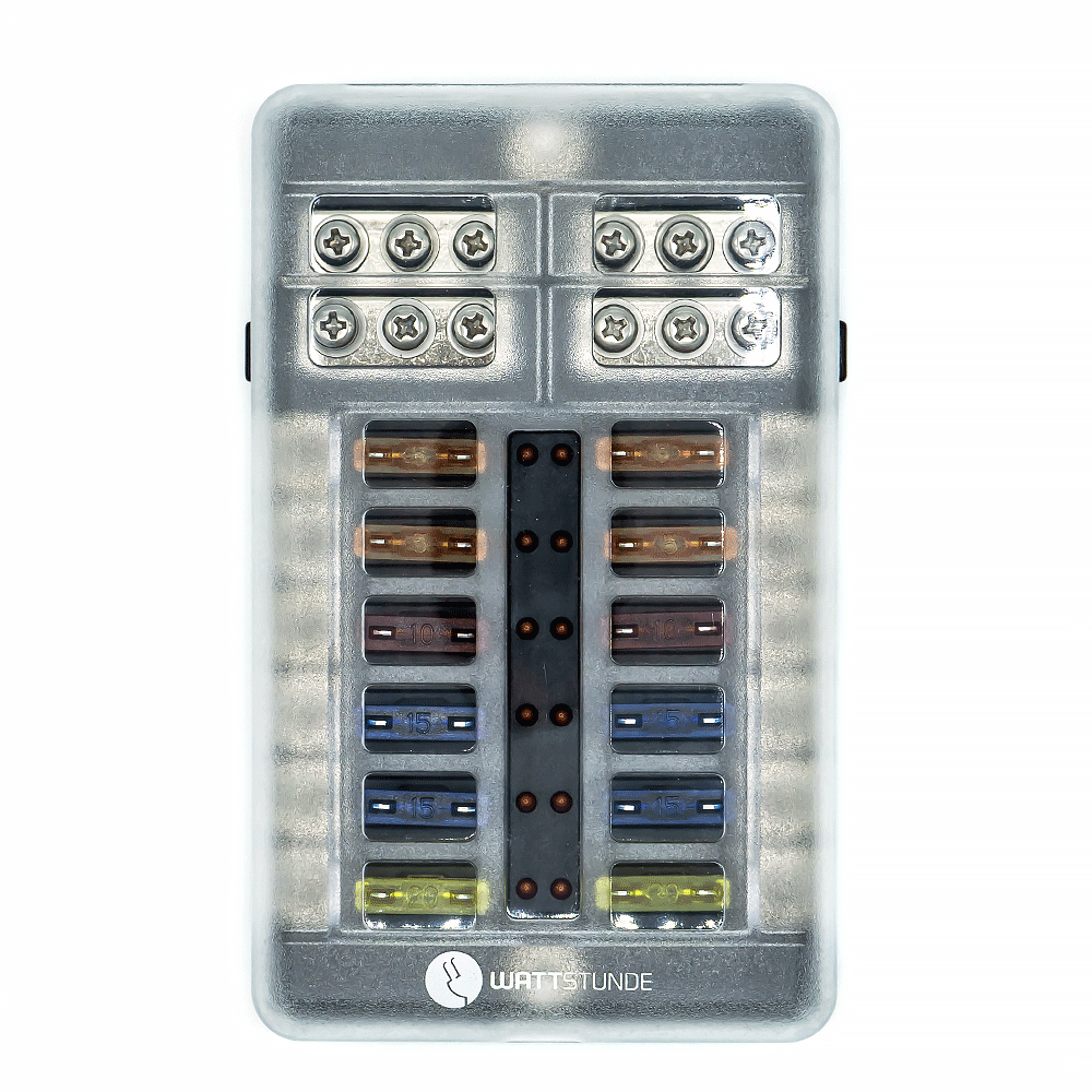 WATTSTUNDE® Plus Distributor 12 with 4 x 5 A, 10 A, 15 A, 20 A blade fuses each