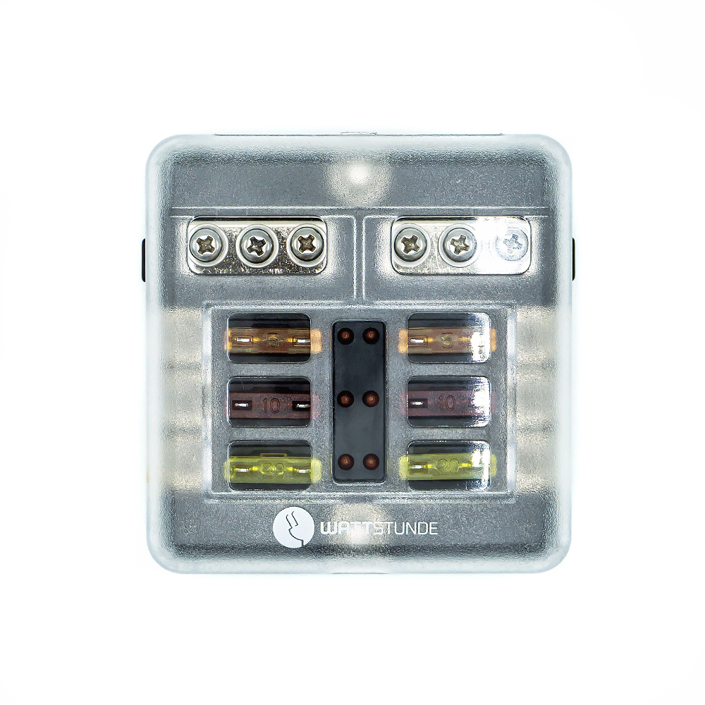 WATTSTUNDE® Plus Distributor 6 with 2 x 5 A, 10 A, 15 A, 20 A blade fuses each